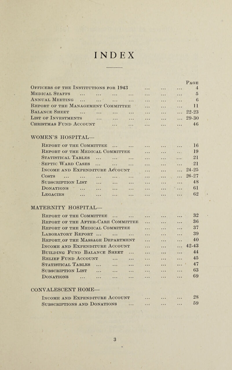 # INDEX Page Officers of the Institutions for 1943 ... ... ... 4 Medical Staffs ... ... ... ... ... ... ... 5 Annual Meeting ... ... ... ... ... ... ... 6 Report of the Management Committee ... ... ... 11 Balance Sheet ... ... ... ... ... ... ... 22-23 List of Investments ... ... ... ... ... ... 29-30 Christmas Fund Account ... ... ... ... ... 46 • ' WOMEN’S HOSPITAL- REPORT of the Committee ... ... ... ... ... 16 Report of the Medical Committee ... ... ... 19 Statistical Tables ... ... ... ... ... ... 21 Septic Ward Cases ... ... ... ... ... ... 21 Income and Expenditure Account ... ... ... 24-25 Costs ... ... ... ... ... ... ... ... 26-27 Subscription List ... ... ... ... ... ... 48 Donations ... ... ... ... ... ... ... 61 Legacies ... ... ... ... ... ... ... 62 MATERNITY HOSPITAL— Report of the Committee ... ... ... ... ... 32 Report of the After-Care Committee ... ... ... 36 Report of the Medical Committee ... ... ... 37 Laboratory Report ... ... ... ... ... ... 39 Report,of the Massage Department ... ... ... 40 Income and Expenditure Account ... ... ... 42-43 Building Fund Balance Sheet ... ... ... ... 44 Relief Fund Account ... ... ... ... ... 45 Statistical Tables ... ... ... ... ... ... ' 47 Subscription List ... ... ... ... ... ••• 63 Donations ... ... ... ... ... ••• ••• 69 CONVALESCENT HOME— Income and Expenditure Account ... ... ... 28 Subscriptions and Donations ... ... ... ... 59