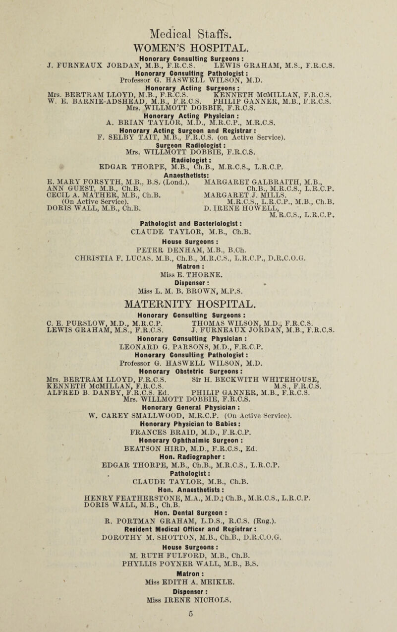 Medical Staffs. WOMEN’S HOSPITAL. Honorary Consulting Surgeons: J. FURNEAUX JORDAN, M.B., F.R.C.S. LEWIS GRAHAM, M.S., F.R.C.S. Honorary Consulting Pathologist: Professor G. HASWELL WILSON, M.D. Honorary Acting Surgeons : Mrs. BERTRAM LLOYD, M.B., F.R.C.S. KENNETH MCMILLAN, F.R.C.S. W. E. BARNIE-ADSHEAD, M.B., F.R.C.S. PHILIP GANNER, M.B., F.R.C.S. Mrs. WILLMOTT DOBBIE, F.R.C.S. Honorary Acting Physician : A. BRIAN TAYLOR, M.D., M.R.C.P., M.R.C.S. Honorary Acting Surgeon and Registrar: F. SELBY TAIT, M.B., F.R.C.S. (on Active Service). Surgeon Radiologist: Mrs. WILLMOTT DOBBIE, F.R.C.S. Radiologist: EDGAR THORPE, M.B., Ch.B., M.R.C.S., L.R.C.P. Anaesthetists: E. MARY FORSYTH, M.B., B.S. (Lond.). MARGARET GALBRAITH, M.B., ANN GUEST, M.B., Ch.B. Ch.B., M.R.C.S., L.R.C.P. CECIL A. MATHER, M.B., Ch.B. MARGARET J. MILLS. (On Active Service). M.R.C.S., L.R.C.P., M.B., Ch.B. DORIS WALL, M.B., Ch.B. D. IRENE HOWELL, M.R.C.S., L.R.C.P. Pathologist and Bacteriologist: CLAUDE TAYLOR, M.B., Ch.B. • House Surgeons : PETER DENHAM, M.B., B.Ch. CHRISTIA F. LUCAS. M.B., Ch.B., M.R.C.S., L.R.C.P., D.R.C.O.G. Matron : Miss E. THORNE. Dispenser: Miss L. M. B. BROWN, M.P.S. MATERNITY HOSPITAL. Honorary Consulting Surgeons: C. E. PURSLOW, M.D., M.R.C.P. THOMAS WILSON, M.D., F.R.C.S. LEWIS GRAHAM, M.S., F.R.C.S. J. FURNEAUX JORDAN, M.B., F.R.C.S. Honorary Consulting Physician : LEONARD G. PARSONS, M.D., F.R.C.P. Honorary Consulting Pathologist: Professor G. HASWELL WILSON, M.D. Honorary Obstetric Surgeons: Mrs. BERTRAM LLOYD, F.R.C.S. Sir H. BECKWITH WHITEHOUSE, KENNETH MCMILLAN, F.R.C.S. M.S., F.R.C.S. ALFRED B. DANBY, F.R.C.S. Ed. PHILIP GANNER, M.B., F.R.C.S. Mrs. WILLMOTT DOBBIE, F.R.C.S. Honorary General Physician : W. CAREY SMALLWOOD, M.R.C.P. (On Active Service). Honorary Physician to Babies: FRANCES BRAID, M.D., F.R.C.P. Honorary Ophthalmic Surgeon : BEATSON HIRD, M.D., F.R.C.S., Ed. Hon. Radiographer: EDGAR THORPE, M.B., Ch.B., M.R.C.S., L.R.C.P. Pathologist: CLAUDE TAYLOR, M.B., Ch.B. Hon. Anaesthetists : HENRY FEATHERSTONE, M.A., M.D.* Ch.B., M.R.C.S., L.R.C.P. DORIS WALL, M.B., Ch.B. Hon. Dental Surgeon : R. PORTMAN GRAHAM, L.D.S., R.C.S. (Eng.). Resident Medical Officer and Registrar: DOROTHY M. SHOTTON, M.B., Ch.B., D.R.C.O.G. House Surgeons : M. RUTH FULFORD, M.B., Ch.B. PHYLLIS POYNER WALL, M.B., B.S. Matron : Miss EDITH A. MEIKLE. Dispenser: Miss IRENE NICHOLS. 4