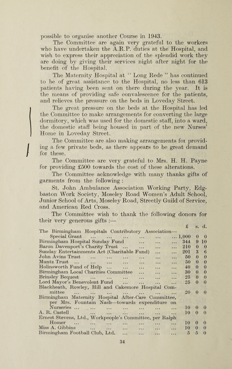 possible to organise another Course in 1943. The Committee are again very grateful to the workers who have undertaken the A.R.P. duties at the Hospital, and wish to express their appreciation of the splendid work they are doing by giving their services night after night for the benefit of the Hospital. The Maternity Hospital at “ Long Rede ” has continued to be of great assistance to the Hospital, no less than 613 patients having been sent on there during the year. It is the means of providing safe convalescence for the patients, and relieves the pressure on the beds in Loveday Street. The great pressure on the beds at the Hospital has led the Committee to make arrangements for converting the large dormitory, which was used for the domestic staff, into a ward, the domestic staff being housed in part of the new Nurses’ Home in Loveday Street. The Committee are also making arrangements foi provid¬ ing a few private beds, as there appears to be great demand foi these. The Committee are very grateful to Mrs. H. H. Payne for providing £500 towards the cost of these alterations. The Committee acknowledge with many thanks gifts of garments from the following : St. John Ambulance Association Working Party, Edg- baston Work Society, Moseley Road Women’s Adult School, Junior School of Arts, Moseley Road, Streetly Guild of Service, and American Red Cross. The Committee wish to thank the following donors for their very generous gifts :— The Birmingham Hospitals Contributory Association— £ s. d. Special Grant 1,000 0 0 Birmingham Hospital Sunday Fund Baron Davenport’s Charity Trust ... 344 9 10 210 0 0 Sunday Entertainments Act (Charitable Fund) 201 3 6 John Avins Trust 50 0 0 Muntz Trust 50 0 0 Holinsworth Fund of Help ... 40 0 0 Birmingham Local Charities Committee 30 0 0 Brinsley Bequest Lord Mayor’s Benevolent Fund Blackheath, Rowley, Hill and Cakemore Hospital Com¬ 25 0 0 25 0 0 mittee ... ... ... ... ... ... ... Birmingham Maternity Hospital After-Care Committee, per Mrs. Fountain Nash'—towards expenditure on 20 0 0 Nurseries ... 10 0 0 A. R. Castell Ernest Stevens, Ltd., Workpeople’s Committee, per Ralph 10 0 0 Homer 10 0 0 Miss A. Gibbins 10 0 0 Birmingham Football Club, Ltd. 5 5 0
