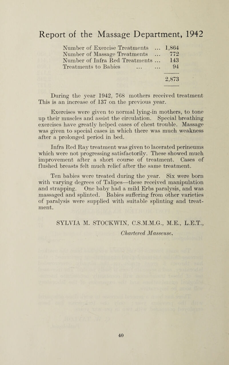 Report of the Massage Department, 1942 Number of Exercise Treatments Number of Massage Treatments Number of Infra Red Treatments Treatments to Babies 1,864 772 143 94 2,873 During the year 1942, 768 mothers received treatment This is an increase of 137 on the previous year. Exercises were given to normal lying-in mothers, to tone up their muscles and assist the circulation. Special breathing exercises have greatly helped cases of chest trouble. Massage was given to special cases in which there was much weakness after a prolonged period in bed. Infra Red Ray treatment was given to lacerated perineums which were not progressing satisfactorily. These showed much improvement after a short course of treatment. Cases of flushed breasts felt much relief after the same treatment. Ten babies were treated during the year. Six were born with varying degrees of Talipes—these received manipulation and strapping. One baby had a mild Erbs paralysis, and was massaged and splinted. Babies suffering from other varieties of paralysis were supplied with suitable splinting and treat¬ ment. SYLVIA M. STOCK WIN, C.S.M.M.G., M.E., L.E.T. Chartered Masseuse.