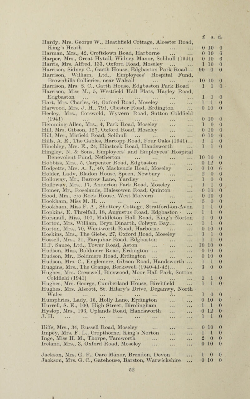 £ s. d. Hardy, Mrs. George W., Heathfield Cottage, Alcester Road, King’s Heath ... ... ... ... ... ... 0 Harman, Mrs., 42, Croftdown Road, Harborne ... ... 0 Harper, Mrs., Great Hytall, Widney Manor, Solihull (1941) 0 Harris, Mrs. Alfred, 133, Oxford Road, Moseley ... ... 1 Harrison, Sidney C., Garth House, Edgbaston Park Road... 90 Harrison, William, Ltd., Employees’ Hospital Fund, Brownhills Collieries, near Walsall ... ... ... 10 Harrison, Mrs. S. C., Garth House, Edgbaston Park Road 1 Harrison, Miss M., 5, Westfield Hall Flats, Hagley Road, Edgbaston ... ... ... ... ... ... ... 1 Hart, Mrs. Charles, 64, Oxford Road, Moseley ... ... 1 Harwood, Mrs. J. H., 791, Chester Road, Erdington 0 Heeley, Mrs., Cotswold, Wvvern Road, Sutton Coldfield (1941) . ‘. 0 Hemming-Allen, Mrs., 4, Park Road, Moseley ... ... 1 Hill, Mrs. Gibson, 127, Oxford Road, Moseley ... ... 0 Hill, Mrs., Mirfield Road, Solihull ... ... ... ... 0 Hills, A. E., The Gables, Hartopp Road, Four Oaks (1941)... 1 Hinchley, Mrs. E., 24, Hinstock Road, Handsworth ... 1 Hingley, N. & Sons, Employers’ and Employees’ Hospital Benevolent Fund, Netherton ... ... ... ... 10 Hobbiss, Mrs., 5, Carpenter Road, Edgbaston ... ... 0 Hodgetts, Mrs. A. J., 40, Mackenzie Road, Moseley ... 0 Holder, Lady, Bladon House, Speen, Newbury ... ... 2 Holloway, Mr., Barrow Lane, Yardley ... ... ... 1 Holloway, Mrs., 17, Anderton Park Road, Moseley .., 1 Homer, Mr., Roselands, Halesowen Road, Quinton ... 0 Hood, Mrs., c/o Rock House, West Malvern ... ... 0 Hookham, Miss M. H. ... ... ... ... ... ... 5 Hookham, Miss F. A., Shottery Cottage, Stratford-on-Avon 1 Hopkins, E. Threlfall, 18, Augustus Road, Edgbaston • ... 1 Horsnaill, Miss, 107, Middleton Hall Road, King’s Norton 1 Horton, Mrs. William, Bryn Dinarth, Colwyn Bay... ... 1 Horton, Mrs., 70, Wentworth Road, Harborne ... ... 0 Hoskins, Mrs., The Glebe, 27, Oxford Road, Moseley ... 1 Hossell, Mrs., 21, Farquhar Road, Edgbaston ... ... 1 H.P. Sauce, Ltd., Tower Road, Aston ... ... ... 10 Hudson, Miss, Boldmere Road, Erdington ... ... ... 0 Hudson, Mr., Boldmere Road, Erdington ... ... ... 0 Hudson, Mrs. C., Englemere, Gibson Road, Handsworth ... 1 Huggins, Mrs., The Grange, Berkswell (1940-41-42)... ... 3 Hughes, Mrs. Cresswell, Binswood, Moor Hall Park, Sutton Coldfield (1941) . 1 Hughes, Mrs. George, Cumberland House, Birchfield ... 1 Hughes, Mrs. Alscott, St. Hilary’s Drive, Deganwy, North Wales ... ... ... ... ... .1. ... 1 Humphries, Lady, 16, Holly Lane, Erdington ... ... 0 Hurrell, S. E., 100, High Street, Birmingham ... ... 1 Hyslop, Mrs., 193, Uplands Road, Handsworth ... ... 0 .I. U. ... ... ... ... ... ... ... ... 1 Iliffe, Mrs., 34, Russell Road, Moseley ... ... ... 0 Impey, Mrs. F. L., Cropthorne, King’s Norton ... ... 1 Inge, Miss H. M., Thorpe, Tamworth ... ... ... 2 Ireland, Mrs., 3, Oxford Road, Moseley ... ... ... 0 Jackson, Mrs. G. F., Oare Manor, Brendon, Devon ... 1 Jackson, Mrs. G. C., Gatehouse, Barston, Warwickshire ... 0 52 10 0 10 6 10 6 10 0 0 0 10 0 1 0 1 0 1 0 10 0 10 0 0 0 10 0 10 6 1 0 1 0 10 0 12 0 10 6 0 0 0 0 1 0 10 0 10 0 0 0 1 0 1 0 0 0 1 0 10 0 1 0 1 0 10 0 10 0 10 0 1 0 0 0 1 0 1 0 0 0 10 0 1 0 12 0 1 0 10 0 1 0 0 0 10 0 0 0 10 0