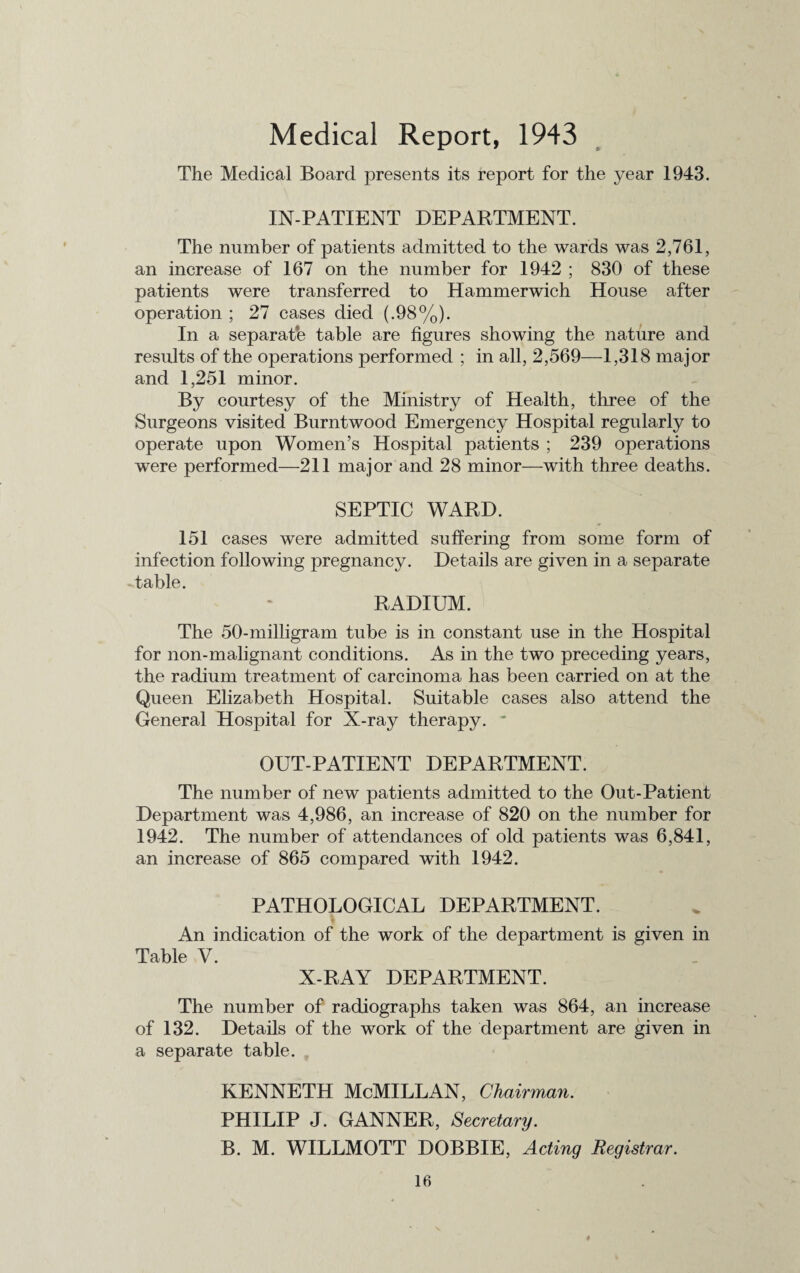 Medical Report, 1943 The Medical Board presents its report for the year 1943. IN-PATIENT DEPARTMENT. The number of patients admitted to the wards was 2,761, an increase of 167 on the number for 1942 ; 830 of these patients were transferred to Hammerwich House after operation ; 27 cases died (.98%). In a separate table are figures showing the nature and results of the operations performed ; in all, 2,569—1,318 major and 1,251 minor. By courtesy of the Ministry of Health, three of the Surgeons visited Burntwood Emergency Hospital regularly to operate upon Women’s Hospital patients ; 239 operations were performed—211 major and 28 minor—with three deaths. SEPTIC WARD. 151 cases were admitted suffering from some form of infection following pregnancy. Details are given in a separate table. RADIUM. The 50-milligram tube is in constant use in the Hospital for non-malignant conditions. As in the two preceding years, the radium treatment of carcinoma has been carried on at the Queen Elizabeth Hospital. Suitable cases also attend the General Hospital for X-ray therapy. * OUT-PATIENT DEPARTMENT. The number of new patients admitted to the Out-Patient Department was 4,986, an increase of 820 on the number for 1942. The number of attendances of old patients was 6,841, an increase of 865 compared with 1942. PATHOLOGICAL DEPARTMENT. An indication of the work of the department is given in Table V. X-RAY DEPARTMENT. The number of radiographs taken was 864, an increase of 132. Details of the work of the department are given in a separate table. KENNETH McMILLAN, Chairman. PHILIP J. GANNER, Secretary. B. M. WILLMOTT DOBBIE, Acting Registrar.