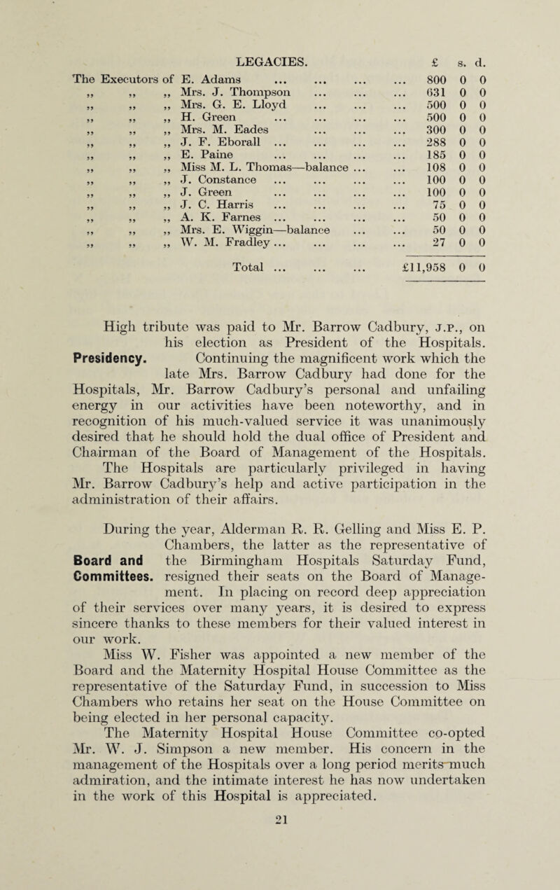 LEGACIES. £ s. d. The Executors of E. Adams 800 0 0 99 99 9 9 Mrs. J. Thompson 031 0 0 99 99 99 Mrs. G. E. Lloyd 500 0 0 99 99 99 H. Green 500 0 0 99 99 99 Mrs. M. Eades 300 0 0 99 99 99 J. F. Eborall ... 288 0 0 99 99 99 E. Paine 185 0 0 99 99 99 Miss M. L. Thomas—balance ... 108 0 0 99 9 9 99 J. Constance 100 0 0 99 99 99 J. Green 100 0 0 99 99 99 J. C. Harris 75 0 0 99 99 99 A. K. Fames ... 50 0 0 9 9 99 99 Mrs. E. Wiggin—balance 50 0 0 99 99 99 W. M. Fradley... 27 0 0 Total ... £11,958 0 0 High tribute was paid to Mr. Barrow Cadbury, j.p., on his election as President of the Hospitals. Presidency. Continuing the magnificent work which the late Mrs. Barrow Cadbury had done for the Hospitals, Mr. Barrow Cadbury’s personal and unfailing energy in our activities have been noteworthy, and in recognition of his much-valued service it was unanimously desired that he should hold the dual office of President and Chairman of the Board of Management of the Hospitals. The Hospitals are particularly privileged in having Mr. Barrow Cadbury’s help and active participation in the administration of their affairs. During the year, Alderman R. R. Celling and Miss E. P. Chambers, the latter as the representative of Board and the Birmingham Hospitals Saturday Fund, Committees, resigned their seats on the Board of Manage¬ ment. In placing on record deep appreciation of their services over many years, it is desired to express sincere thanks to these members for their valued interest in our work. Miss W. Fisher was appointed a new member of the Board and the Maternity Hospital House Committee as the representative of the Saturday Fund, in succession to Miss Chambers who retains her seat on the House Committee on being elected in her personal capacity. The Maternity Hospital House Committee co-opted Mr. W. J. Simpson a new member. His concern in the management of the Hospitals over a long period merits^much admiration, and the intimate interest he has now undertaken in the work of this Hospital is appreciated.
