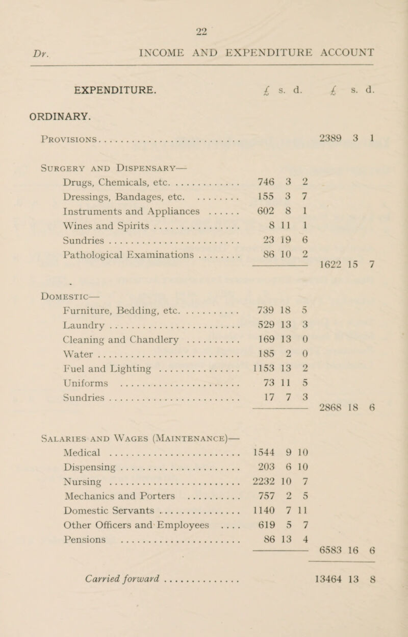 EXPENDITURE. ORDINARY. Provisions. / s. d. £ s. d. 2389 3 1 Surgery and Dispensary— Drugs, Chemicals, etc. 746 3 2 Dressings, Bandages, etc. 155 3 7 Instruments and Appliances . 602 8 1 Wines and Spirits. 8 11 1 Sundries. 23 19 6 Pathological Examinations. 86 10 2 1622 15 7 Domestic— Furniture, Bedding, etc. Laundry . Cleaning and Chandlery Water. Fuel and Lighting Uniforms . Sundries. 739 18 5 529 13 3 169 13 0 185 2 0 1153 13 2 73 11 5 17 7 3 - 2868 18 6 Salaries and Wages (Maintenance)— Medical . Dispensing. Nursing . Mechanics and Porters . Domestic Servants. Other Officers and Employees Pensions . 1544 9 10 203 6 10 2232 10 7 757 2 5 1140 7 11 619 5 7 86 13 4 - 6583 16 6