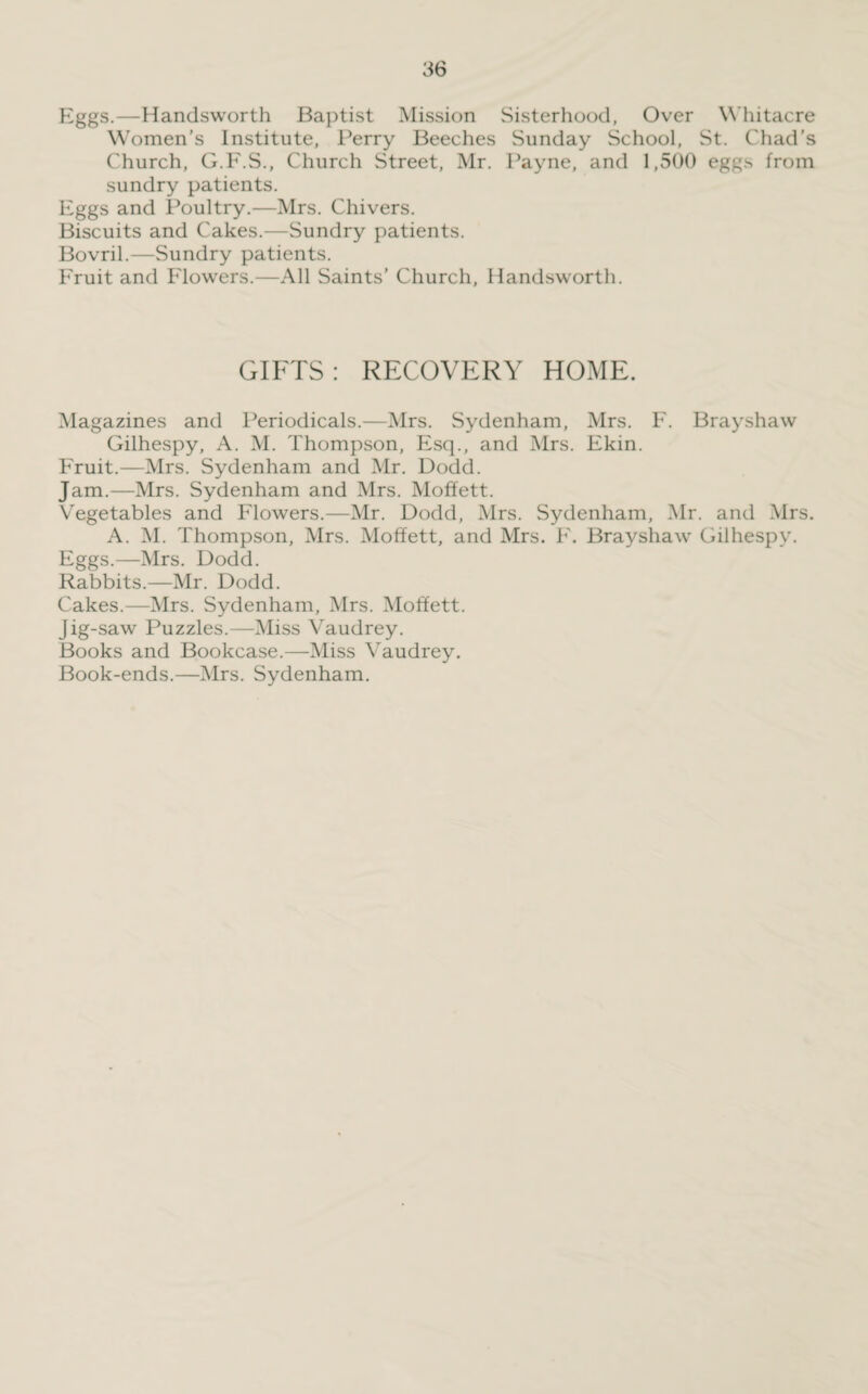 Eggs.—Handsworth Baptist Mission Sisterhood, Over Whitacre Women’s Institute, Perry Beeches Sunday School, St. Chad’s Church, G.F.S., Church Street, Mr. Payne, and 1,500 eggs from sundry patients. Eggs and Poultry.—Mrs. Chivers. Biscuits and Cakes.—Sundry patients. Bovril.—Sundry patients. Fruit and Flowers.—All Saints’ Church, Handsworth. GIFTS: RECOVERY HOME. Magazines and Periodicals.—Mrs. Sydenham, Mrs. F. Brayshaw Gilhespy, A. M. Thompson, Esq., and Mrs. Ekin. Fruit.—Mrs. Sydenham and Mr. Dodd. Jam.—Mrs. Sydenham and Mrs. Moffett. Vegetables and Flowers.—Mr. Dodd, Mrs. Sydenham, Mr. anti Mrs. A. M. Thompson, Mrs. Moffett, and Mrs. F. Brayshaw Gilhespy. Eggs.—Mrs. Dodd. Rabbits.—Mr. Dodd. Cakes.—Mrs. Sydenham, Mrs. Moffett. Jig-saw Puzzles.—Miss Vaudrey. Books and Bookcase.—Miss Vaudrey. Book-ends.—Mrs. Sydenham.