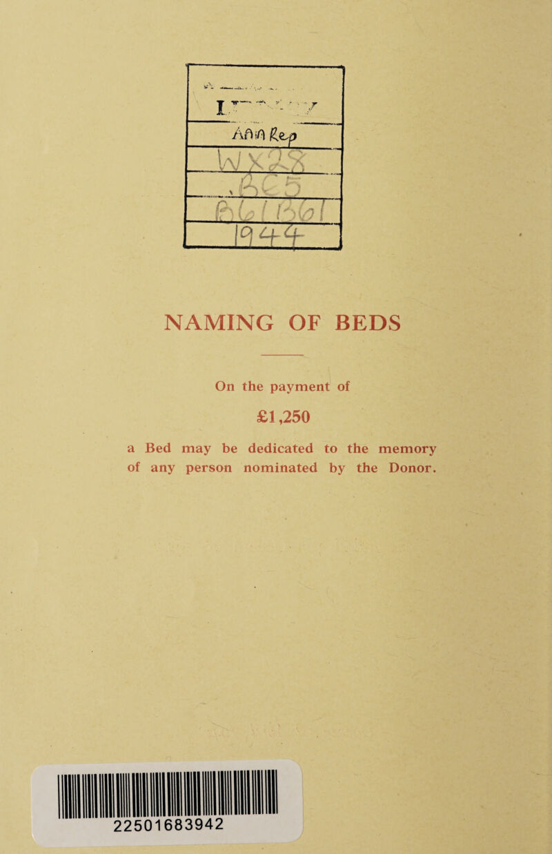 NAMING OF BEDS On the payment of £1,250 a Bed may be dedicated to the memory of any person nominated by the Donor. 22501683942