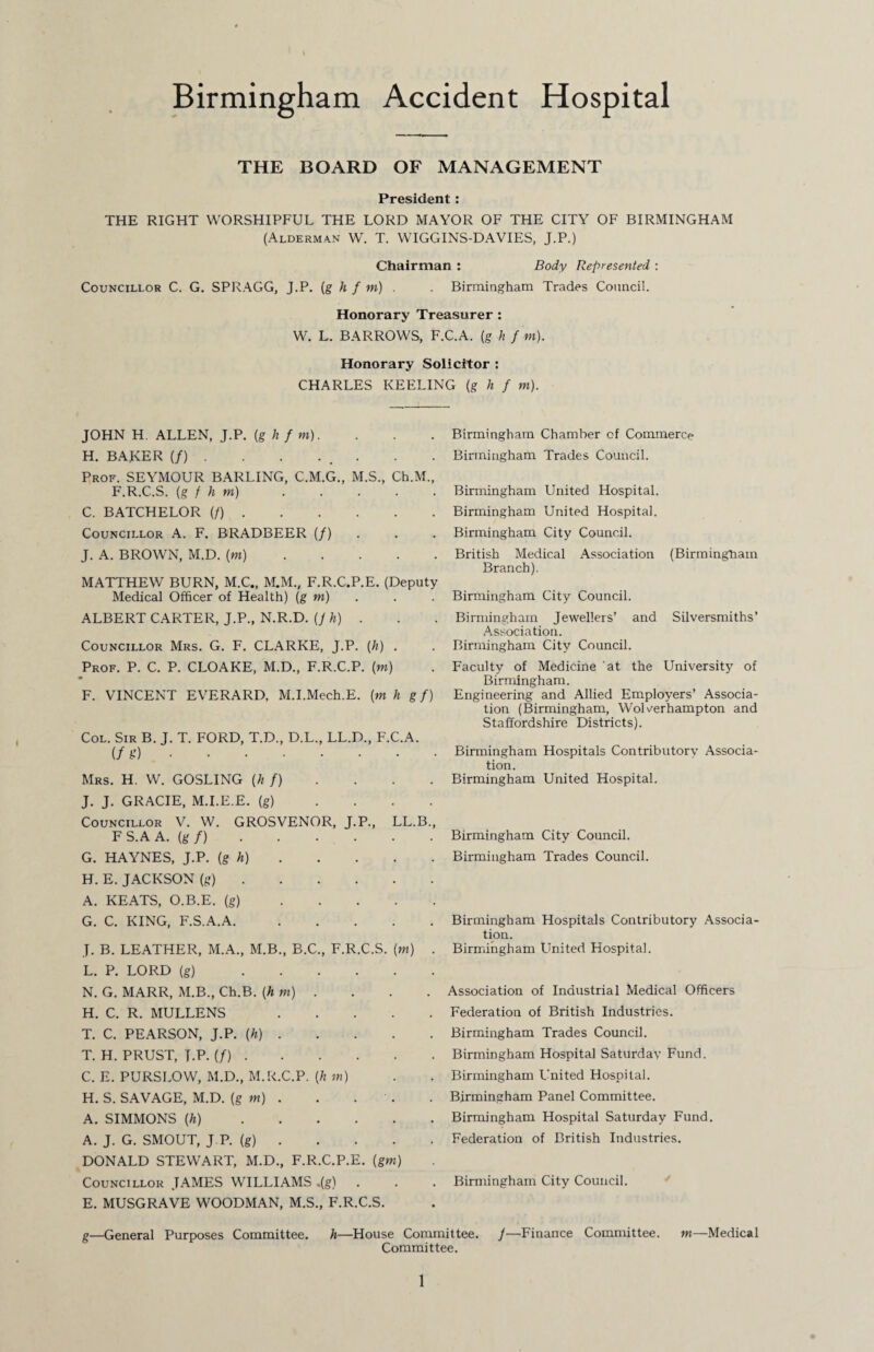 Birmingham Accident Hospital THE BOARD OF MANAGEMENT President : THE RIGHT WORSHIPFUL THE LORD MAYOR OF THE CITY OF BIRMINGHAM (Alderman W. T. WIGGINS-DAVIES, J.P.) Chairman : Body Represented : Councillor C. G. SPRAGG, J.P. (g h f m) . Birmingham Trades Council. Honorary Treasurer : W. L. BARROWS, F.C.A. (g h f m). Honorary Solicitor : CHARLES KEELING (g h f m). JOHN H. ALLEN, J.P. {g h f m). H. BARER (/) . . . ... Prof. SEYMOUR BARLING, C.M.G., M.S., Ch.M., F.R.C.S. (g f h m). C. BATCHELOR (/). Councillor A. F. BRADBEER (/) J. A. BROWN, M.D. (w). MATTHEW BURN, M.C., M.M., F.R.C.P.E. (Deputy Medical Officer of Health) (g m) ALBERT CARTER, J.P., N.R.D. (j h) . Councillor Mrs. G. F. CLARKE, J.P. (h) . Prof. P. C. P. CLOAKE, M.D., F.R.C.P. (w) F. VINCENT EVERARD. M.I.Mech.E. (w h g f) Col. Sir B. J. T. FORD, T.D., D.L., LL.D., F.C.A. (/{•’). Mrs. H. W. GOSLING (h f) J. J. GRACIE, M.I.E.E. (g) .... Councillor V. W. GROSVENOR, J.P., LL.B., FS.AA.fe/). G. HAYNES, J.P. (g h). H. E. JACKSON (g). A. KEATS, O.B.E. (g). G. C. KING, F.S.A.A. J. B. LEATHER, M.A., M.B., B.C., F.R.C.S. (m) . L. P. LORD (g). N. G. MARR, M.B., Ch.B. (h m) . H. C. R. MULLENS . T. C. PEARSON, J.P. (h). T. H. PRUST, T.P. (/). C. E. PURSLOW, M.D., M.R.C.P. [h m) H. S. SAVAGE, M.D. (gw). . . A. SIMMONS (h). A. J. G. SMOUT, J.P. (g). DONALD STEWART, M.D., F.R.C.P.E. (gw) Councillor JAMES WILLIAMS .(g) . E. MUSGRAVE WOODMAN, M.S., F.R.C.S. g—General Purposes Committee. Birmingham Chamber of Commerce Birmingham Trades Council. Birmingham United Hospital. Birmingham United Hospital. Birmingham City Council. British Medical Association (Birmingham Branch). Birmingham City Council. Birmingham Jewellers’ and Silversmiths’ Association. Birmingham City Council. Faculty of Medicine at the University of Birmingham. Engineering and Allied Employers’ Associa¬ tion (Birmingham, Wolverhampton and Staffordshire Districts). Birmingham Hospitals Contributory Associa¬ tion. Birmingham United Hospital. Birmingham City Council. Birmingham Trades Council. Birmingham Hospitals Contributory Associa¬ tion. Birmingham LTnited Hospital. Association of Industrial Medical Officers Federation of British Industries. Birmingham Trades Council. Birmingham Hospital Saturdav Fund. Birmingham United Hospital. Birmingham Panel Committee. Birmingham Hospital Saturday Fund. Federation of British Industries. Birmingham City Council. h—House Committee. /—Finance Committee. m—Medical Committee.