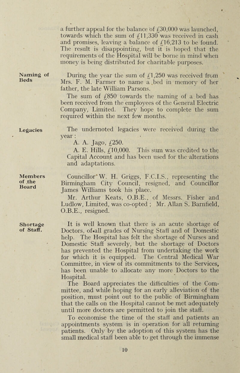 Naming of Beds Legacies Members of the Board Shortage of Staff. V a further appeal for the balance of £30,000 was launched, towards which the sum of /11,330 was received in cash and promises, leaving a balance of £16,213 to be found. The result is disappointing, but it is hoped that the requirements of the Hospital will be borne in mind when money is being distributed for charitable purposes. During the year the sum of £1,250 was received from Mrs. F. M. Farmer to name a ,bed in memory of her father, the late William Parsons. The sum of £850 towards the naming of a bed has been received from the employees of the General Electric Company, Limited. They hope to complete the sum required within the next few months. The undernoted legacies were received during the year : A. A. Jago, £250. A. E. Hills, £10,000. This sum was credited to the Capital Account and has been used for the alterations and adaptations. Councillor* W. H. Griggs, F.C.I.S., representing the Birmingham City Council, resigned, and Councillor James Williams took his place. Mr. Arthur Keats, O.B.E., of Messrs. Fisher and Ludlow, limited, was co-opted ; Mr. Allan S. Barnheld, O.B.E., resigned. It is well known that there is an acute shortage of Doctors, of«all grades of Nursing Staff and of Domestic help. The Hospital has felt the shortage of Nurses and Domestic Staff severely, but the shortage of Doctors has prevented the Hospital from undertaking the work for which it is equipped. The Central Medical War Committee, in view of its commitments to the Services, has been unable to allocate any more Doctors to the Hospital. The Board appreciates the difficulties of the Com¬ mittee, and while hoping for an early alleviation of the position, must point out to the public of Birmingham that the calls on the Hospital cannot be met adequately until more doctors are permitted to join the staff. To economise the time of the staff and patients an appointments system is in operation for all returning patients. Only by the adoption of this system has the small medical staff been able to get through the immense