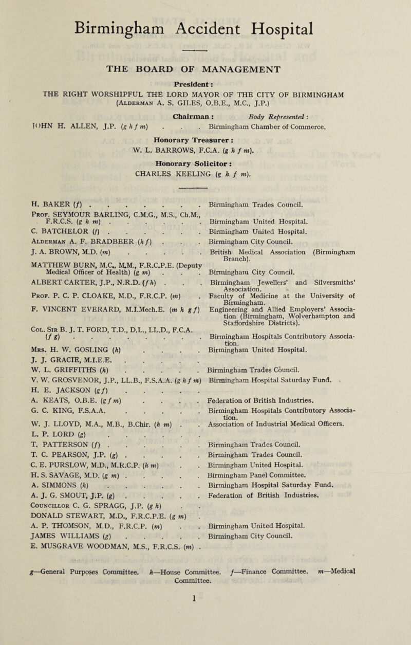 THE BOARD OF MANAGEMENT President: THE RIGHT WORSHIPFUL THE LORD MAYOR OF THE CITY OF BIRMINGHAM (Alderman A. S. GILES, O.B.E., M.C., J.P.) Chairman : Body Represented : T< >HN H. ALLEN, J.P. (g h f m) . . . Birmingham Chamber of Commerce. Honorary Treasurer: W. L. BARROWS, F.C.A. (g h f m). Honorary Solicitor: CHARLES KEELING (g h f m). H. BAKER (/). Prof. SEYMOUR BARLING, C.M.G., M.S., Ch.M., F.R.C.S. (gh m) C. BATCHELOR (/). Alderman A. F. BRADBEER (h f) J. A. BROWN, M.D. (w). MATTHEW BURN, M.C., M.M., F.R.C.P.E. (Deputy Medical Officer of Health) (gw). ALBERT CARTER, J.P., N.R.D. (fh) . Prof. P. C. P. CLOAKE, M.D., F.R.C.P. (w) F. VINCENT EVERARD, M.I.Mech.E. (w h g f) Col. Sir B. J. T. FORD, T.D., D.L., LL.D., F.C.A. (fg). Mrs. H. W. GOSLING (h) .... J. J. GRACIE, M.I.E.E. W. L. GRIFFITHS (h). V. W. GROSVENOR, J.P., LL.B., F.S.A.A. (ghftn) H. E. JACKSON (g/). A. KEATS, O.B.E. (g/w) G. C. KING, F.S.A.A. W. J. LLOYD, M.A., M.B., B.Chir. (h m) . L. P. LORD (g). T. PATTERSON (/). T. C. PEARSON, J.P. (g). C. E. PURSLOW, M.D., M.R.C.P. (h m) H. S. SAVAGE, M.D. (gw). A. SIMMONS (h). A. J. G. SMOUT, J.P. (g). Councillor C. G. SPRAGG, J.P. (g h) DONALD STEWART, M.D., F.R.C.P.E. (g w) . A. P. THOMSON, M.D., F.R.C.P. (w) JAMES WILLIAMS (g). E. MUSGRAVE WOODMAN, M.S., F.R.C.S. (w) . g—General Purposes Committee. Birmingham Trades Council. Birmingham United Hospital. Birmingham United Hospital. Birmingham City Council. British Medical Association (Birmingham Branch). Birmingham City Council. Birmingham Jewellers’ and Silversmiths’ Association. Faculty of Medicine at the University of Birmingham. Engineering and Allied Employers’ Associa¬ tion (Birmingham, Wolverhampton and Staffordshire Districts). Birmingham Hospitals Contributory Associa¬ tion. Birmingham United Hospital. Birmingham Trades Council. Birmingham Hospital Saturday Fund. Federation of British Industries. Birmingham Hospitals Contributory Associa¬ tion. Association of Industrial Medical Officers. Birmingham Trades Council. Birmingham Trades Council. Birmingham United Hospital. Birmingham Panel Committee. Birmingham Hospital Saturday Fund. Federation of British Industries. Birmingham United Hospital. Birmingham City Council. /—Finance Committee, w—Medical h—House Committee. Committee.