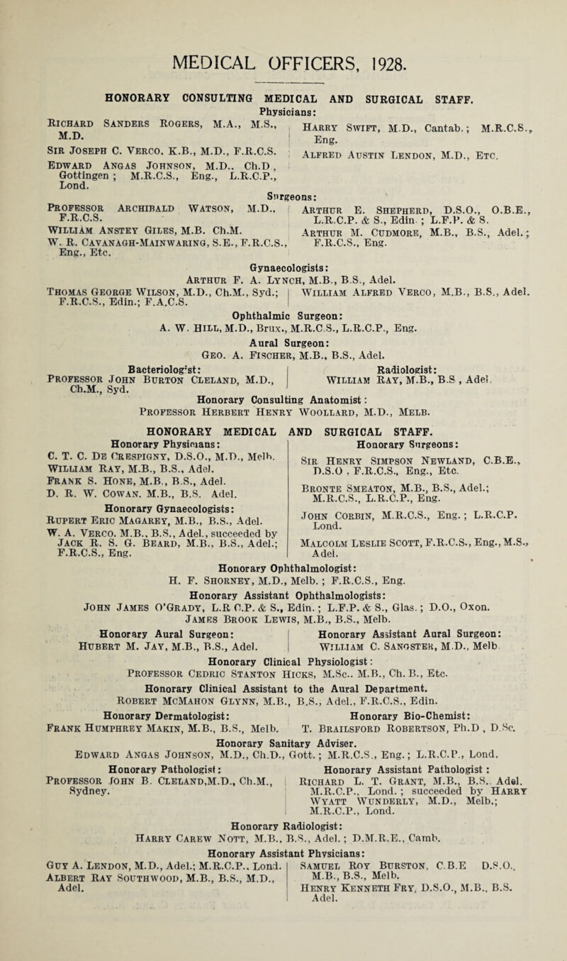 HONORARY CONSULTING MEDICAL AND SURGICAL STAFF. Physicians: Richard Sanders Rogers, M.A., M.S., harry Swift, M.D., Cantab.; M.R.C.S., M.D. Eng. Sir Joseph C. Verco. K.B., M.D., F.R.C.S. Alfred Austin Lendon, M.D., Etc. Edward Angas Johnson, m.D.. Ch.D, Gottingen ; M.R.C.S., Eng., L.R.C.P., Lond. Surgeons: Professor Archibald Watson, M.D., | Arthur E. Shepherd, D.S.O., O.B.E., F.U.C.S. L.R.C.P. & S., Edin ; L.F.P. & S. William Anstey Giles, M.B. Ch.M. Arthur M. Cudmore, M.B., B.S., Adel.; W. R. Cavanagh-Mainwaring, S.E., F.R.C.S., F.R.C.S., Eng. Eng., Etc. Gynaecologists: Arthur F. A. Lynch, M.B., B.S., Adel. Thomas George Wilson, M.D., Ch.M., Syd.; I William Alfred Verco, M.B., B.S., Adel. F.R.C.S., Edin.; F.A.C.S. ! Ophthalmic Surgeon: A. W. Hill.M.D., Brux., M.R.C.S., L.R.C.P., Eng. Aural Surgeon: Geo. A. Fischer, M.B., B.S., Adel. Bacteriolog;st: Radiologist: Professor John Burton Cleland, M.D., William Ray, M.B., B.S , Adel, Ch.M., Syd. Honorary Consulting Anatomist: Professor Herbert Henry Woollard, M.D., Melb. HONORARY MEDICAL Honorary Physicians: C. T. C. De Crespigny, D.S.O., M.T>., Melb. William Ray, M.B., B.S., Adel. Frank S. Hone, M.B., B.S., Adel. D. R. W. Cowan. M.B., B.S. Adel. Honorary Gynaecologists: Rupert Eric Magarey, M.B., B.S., Adel. W. A. Verco. M.B., B.S., Adel., succeeded by Jack R. S. G. Beard, M.B., B.S., Adel.; F.R.C.S., Eng. AND SURGICAL STAFF. Honorary Surgeons: Sir Henry Simpson Newland, C.B.E., D.S.O , F.R.C.S., Eng., Etc. Bronte Smeaton, M.B., B.S., Adel.; M.R.C.S., L.R.C.P., Eng. John Corbin, M.R.C.S., Eng.; L.R.C.P. Lond. Malcolm Leslie Scott, F.R.C.S., Eng.,M.S., Adel. Honorary Ophthalmologist: H. F. Shorney, M.D., Melb. ; F.R.C.S., Eng. Honorary Assistant Ophthalmologists: John James O’Grady, L.R C.P. & S., Edin.; L.F.P. & S., Glas.; D.O., Oxon. James Brook Lewis, M.B., B.S., Melb. Honorary Aural Surgeon: Honorary Assistant Aural Surgeon: Hubert M. Jay, M.B., B.S., Adel. ! William C. Sangster, M.D., Melb Honorary Clinical Physiologist: Professor Cedric Stanton Hicks, M.Sc.. M.B., Ch. B., Etc. Honorary Clinical Assistant to the Aural Department. Robert McMahon Glynn, M.B., B.S., Adel., F.R.C.S., Edin. Honorary Dermatologist: Honorary Bio-Chemist: Frank Humphrey Makin, M.B., B.S., Melb. T. Brailsford Robertson, Ph.D , DSc. Honorary Sanitary Adviser. Edward Angas Johnson, M.D., Ch.D., Gott.; M.R.C.S., Eng.; L.R.C.P., Lond. Honorary Pathologist: Professor John B. Cleland,M.D., Ch.M., | Sydney. Honorary Assistant Pathologist : Richard L. T. Grant, M.B., B.S., Adel. M.R.C.P., Lond.; succeeded by Harry Wyatt Wunderly, M.D., Melb,; M.R.C.P., Lond. Honorary Radiologist: Harry Carew Nott, M.B., B.S., Adel.; D.M.R.E., Camb. Honorary Assistant Physicians: Guy A. Lendon, M.D., Adel.; M.R.C.P.. Lond. Albert Ray Southwood, M.B., B.S., M.D., Adel, Samuel Roy Burston, C.B.E D.s.o., M.B., B.S., Melb. Henry Kenneth Fry, D.S.O., M.B., B.S. Adel.