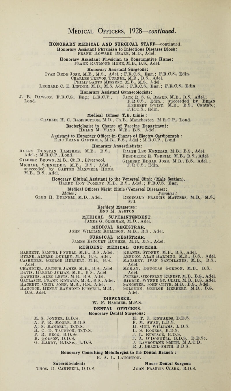 Medical Officers, 1928—continued HONORARY MEDICAL AND SURGICAL STAFF—continued. Honorary Assistant Physician to Infectious Diseases Block: Frank Howard Beare, M.D., Adel. Honorary Assistant Physician to Consumptive Home: Frank Raymond Hone, M.B., B.S., Adel. Honorary Assistant Surgeons: Ivan Bede Jose, M.B.. M.S., Adel. ; F.R.C.S., Eng.; F.R.C.S., Edin. Charles Trevor Turner, M.B., B.S.. Adel. Philip Santo Messent, M.B., M.S., Adel. Leonard C. E. Lindon, M.B., M.S. Adel.; F.R.C.S., Eng.; F.R.C.S., Edin. Honorary Assistant Gynaecologists: J. B. Dawson, F.R.C.S., Eng.; L.R.C.P., Jack R. S. G. Beard, M.B., B.S., Adel.; Bond. F.R.C.S., Edin.; succeeded by Brian Herbert Swift, M.B.. B.S., Cantab.; | F.R.C.S., Edin. Medical Officer T.B. Clinic : Charles H. G. Ramsbottom, M.D., Ch.B., Manchester, M.R.C.P., Lond. Bacteriologist in Charge of Vaccine Department: Helen M. Mayo, M.B., B.S., Adel. Assistant to Honorary Officer-in-Charge of Electro-Cardiograph : Eric Frank Gartrell, M.B., B.S., Adel.; M.R.C.P., Lond. Honorary Anaesthetists: Allan Dunstan Lamphee, M.B., B.S., Adel.; M.R.C.P., Lond. Gilbert Brown. M.B., Ch.B., Liverpool. Michael Schneider, M.B., B.S., Adel., succeeded by Garton Maxwell Hone, M.B., B.S., Adel. Ralph Leo Kenihan, M.B., B.S., Adel. Frederick E. Terrill, M.B., B.S., Adel. Gilbert Edgar Jose, M.B., B.S., Adel.; F.R.C.S., Edin. Honorary Clinical Assistant to the Venereal Clinic (Male Section). Harry Roy Pomroy, M.B., B.S., Adel.; F.R.C.S., Eng. Medical Officers Night Clinic (Venereal Diseases): Males: Females: Glen H. Burnell, M.D., Adel. Reginald Francis Matters, M.B., M.S., Syd. Resident Masseuse: Eno M. Ashton MEDICAL SUPERINTENDENT. James G. Sleeman, M.D.. Adel. MEDICAL REGISTRAR. John William Rollison, M.B., B.S , Adel. SURGICAL REGISTRAR. James Escourt Hughes, M.B., B.S., Adel. RESIDENT MEDICAL OFFICERS. Barnett, Samuel Powell, M.B.. B.S ..Adel. Byrne, Alfred Dudley, M.B., B.S., Adel. Cashmore. George Herbert, M.B., B.S., Adel. Chandler, Arthur James, M.B., B.S., Adel. Davis, Harold Julian, M.B., B S.. Adel. Dawkins, Alec Letts, M.B., B.S., Ado). Gallasch, Frank Edward, M.B., B.S., Adel. Hackett, Cecil John, M.B., B.S., Adel. Hancock, Henry Raymond Russell. M.B., B.S., Adel. Krantz, Sydney, M.B., B.S., Adel. Lendon, Alan Harding, M.B., B.S., Adel. Magarey, Ivan Sandilands, M.B., B.S., Adel. McKay, Douglas Gordon, M.B., B.S., Adel. Peters, Geoffrey Ernest, M.B., B.S., Adel. Riddle, Wynne St. Clair, M.B., B.S., Adel. Sangster, John Clive, M.B., B.S., Adel. Solomon, George Herbert, M.B., B.S., Adel. DISPENSER. W. F. Hammer, M.P.S DENTAL OFFICERS. Honorary Dental M. S. Joyner, B.D.S. A. P. R. Moore, B.D.S. A. S. Randell, D.D.S. H. c. D. Taunton, d.D.S. P. R. BEGG, B.D.Sc. R. Godson, D.D.S. G. Hardy, B.D.Sc., L.D.S. Surgeons: H. T. J. EDWARDS, D.D.S. F. M. Swan, L.D.S. H. Gill Williams, L.D.S. L. S. Rogers, B.D.S. J. L. Eustace, B.D.S. J. A. O’Donnell, B.D.S., D.D.Sc. J. Laybourne Smith, M.A.C.D. R. J. Brazil-Smith, B.D.S. Honorary Consulting Metallurgist to the Dental Branch : R. A. L. Laughton. Superintendent: House Dental Surgeon Thos. D. Campbell, D.D.S. John Francis Clark, B.D.S.