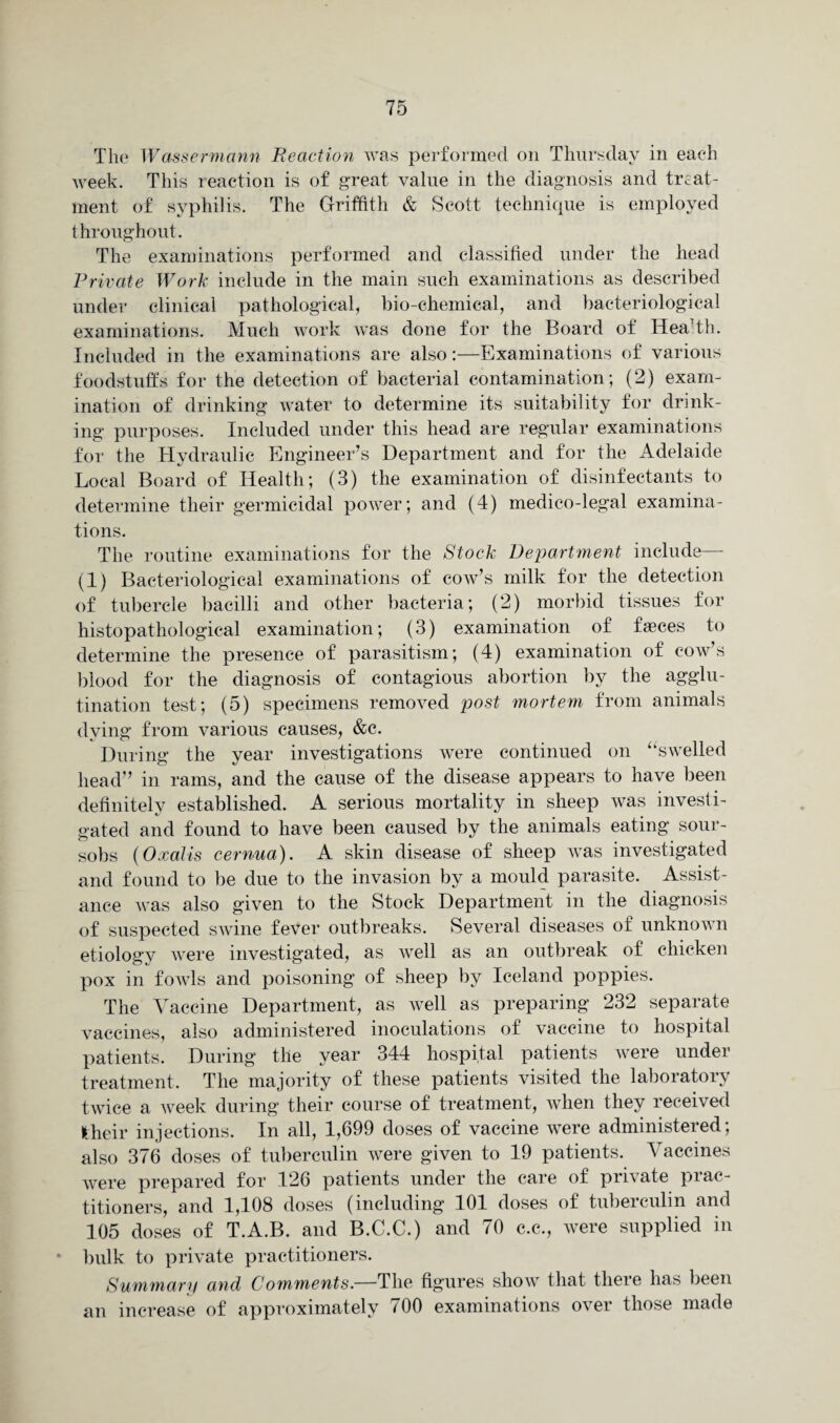 The Wassermann Reaction was performed on Thursday in each week. This reaction is of great value in the diagnosis and treat¬ ment of syphilis. The Griffith & Scott technique is employed throughout. The examinations performed and classified under the head Private Work include in the main such examinations as described under clinical pathological, bio-chemical, and bacteriological examinations. Much work was done for the Board of Health. Included in the examinations are also:—Examinations of various foodstuffs for the detection of bacterial contamination; (2) exam¬ ination of drinking water to determine its suitability for drink¬ ing purposes. Included under this head are regular examinations for the Hydraulic Engineer’s Department and for the Adelaide Local Board of Health; (3) the examination of disinfectants to determine their germicidal power; and (4) medico-legal examina¬ tions. The routine examinations for the Stock Department include— (1) Bacteriological examinations of cow’s milk for the detection of tubercle bacilli and other bacteria; (2) morbid tissues for histopathological examination; (3) examination of faeces to determine the presence of parasitism; (4) examination of cow’s blood for the diagnosis of contagious abortion by the agglu¬ tination test; (5) specimens removed post mortem from animals dying from various causes, &c. During the year investigations were continued on “swelled head” in rams, and the cause of the disease appears to have been definitely established. A serious mortality in sheep was investi¬ gated and found to have been caused by the animals eating sour- sobs (Oxalis cernua). A skin disease of sheep was investigated and found to be due to the invasion by a mould parasite. Assist¬ ance was also given to the Stock Department in the diagnosis of suspected swine fever outbreaks. Several diseases of unknown etiology were investigated, as well as an outbreak of chicken pox in fowls and poisoning of sheep by Iceland poppies. The Vaccine Department, as well as preparing 232 separate vaccines, also administered inoculations of vaccine to hospital patients. During the year 344 hospital patients were under treatment. The majority of these patients visited the laboratory twice a week during their course of treatment, when they received Iheir injections. In all, 1,699 doses of vaccine were administered; also 376 doses of tuberculin were given to 19 patients. Vaccines were prepared for 126 patients under the care of private prac¬ titioners, and 1,108 doses (including 101 doses of tuberculin and 105 doses of T.A.B. and B.C.C.) and 70 c.c., were supplied in • bulk to private practitioners. Summary and Comments.—The figures show that there has been an increase of approximately 700 examinations over those made