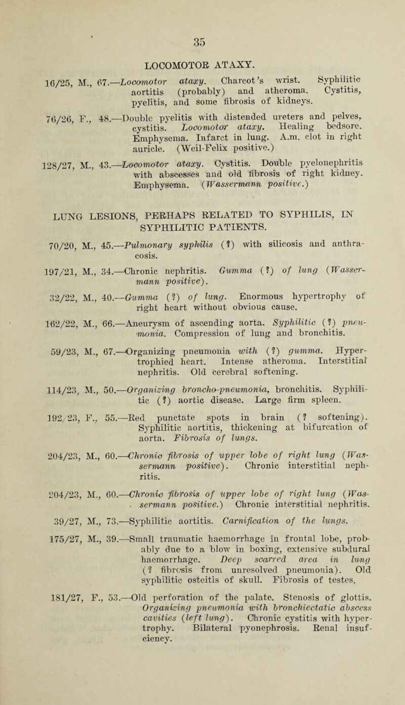 LOCOMOTOR ATAXY. 16/25, M., 67.—Locomotor ataxy. Charcot’s wrist. Syphilitic aortitis (probably) and atheroma. Cystitis, pyelitis, and some fibrosis of kidneys. 76/26, F., 48.—Double pyelitis with distended ureters and pelves,. cystitis. Locomotor ataxy. Healing bedsore. Emphysema. Infarct in lung. A.m. clot in right auricle. (Weil-Felix positive.) 128/27, M., 43.—Locomotor ataxy. Cystitis. Double pyelonephritis with abscesses and old fibrosis of right kidney. Emphysema. (Wassermann positive.) LUNG LESIONS, PERHAPS RELATED TO SYPHILIS, IN SYPHILITIC PATIENTS. 70/20, M., 45.—Pulmonary syphilis (?) with silicosis and anthra- cosis. 197/21, M., 34.—Chronic nephritis. Gumma (?) of lung (Wasser¬ mann positive). 32/22, M., 40.—Gumma (?) of lung. Enormous hypertrophy of right heart without obvious cause. 162/22, M., 66.—Aneurysm of ascending aorta. Syphilitic (?) pneu¬ monia. Compression of lung and bronchitis. 59/23, M., 67.—Organizing pneumonia with (?) gumma. Hyper¬ trophied heart. Intense atheroma. Interstitial nephritis. Old cerebral softening. 114/23, M., 50.—Organizing broncho-pneumonia, bronchitis. Syphili¬ tic (?) aortic disease. Large firm spleen. 192/23, F., 55.—Red punctate spots in brain (? softening). Syphilitic aortitis, thickening at bifurcation of aorta. Fibrosis of lungs. 204/23, M., 60.—Chronic fibrosis of upper lobe of right lung (Was- sermann positive). Chronic interstitial neph¬ ritis. 204/23, M., 60.—Chronic fibrosis of upper lobe of right lung (Was¬ sermann positive.) Chronic interstitial nephritis. 39/27, M., 73.—Syphilitic aortitis. Carnification of the lungs. 175/27, M., 39.—Small traumatic haemorrhage in frontal lobe, prob¬ ably due to a blow in boxing, extensive subdural haemorrhage. Deep scarred area in lung (? fibrosis from unresolved pneumonia). Old syphilitic osteitis of skull. Fibrosis of testes. 181/27, F., 53.—Old perforation of the palate. Stenosis of glottis. Organizing pneumonia with bronchiectatic abscess cavities (left lung). Chronic cystitis with hyper¬ trophy. Bilateral pyonephrosis. Renal insuf- ciency.