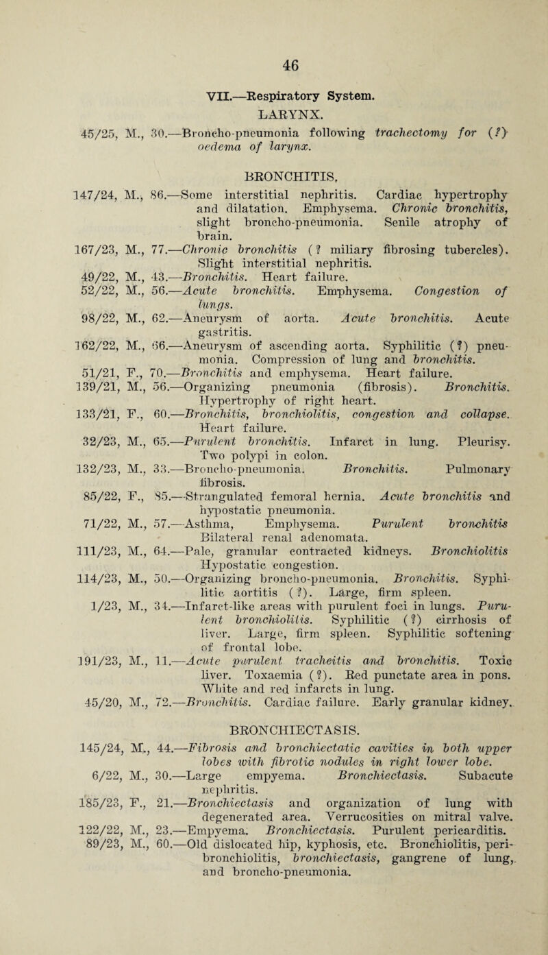 VII.—Respiratory System. LARYNX. 45/25, M., 30.—Broncho-pneumonia following tracheotomy for (/) oedema of larynx. BRONCHITIS. 147/24, M., 86.—Some interstitial nephritis. Cardiac hypertrophy and dilatation. Emphysema. Chronic bronchitis, slight broncho-pneumonia. Senile atrophy of brain. 167/23, M., 77.—Chronic bronchitis (? miliary fibrosing tubercles). Slight interstitial nephritis. 49/22, M., 43.—Bronchitis. Heart failure. 52/22, M., 56.—Acute bronchitis. Emphysema. Congestion of lungs. 98/22, M., 62.—Aneurysm of aorta. Acute bronchitis. Acute gastritis. 162/22, M., 66.—Aneurysm of ascending aorta. Syphilitic (?) pneu¬ monia. Compression of lung and bronchitis. 51/21, E., 70.—Bronchitis and emphysema. Heart failure. 139/21, M., 56.—Organizing pneumonia (fibrosis). Bronchitis. Hypertrophy of right heart. 133/21, F., 60.—Bronchitis, bronchiolitis, congestion and collapse. Heart failure. 32/23, M., 65.—Purulent, bronchitis. Infarct in lung. Pleurisy. Two polypi in colon. 132/23, M., 33.—Broncho pneumonia. Bronchitis. Pulmonary fibrosis. 85/22, F., 85.—Strangulated femoral hernia. Acute bronchitis and hypostatic pneumonia. 71/22, M., 57.—Asthma, Emphysema. Purulent bronchitis Bilateral renal adenomata. 111/23, M., 64.—Pale, granular contracted kidneys. Bronchiolitis Hypostatic congestion. 114/23, M., 50.—Organizing broncho-pneumonia. Bronchitis. Syphi¬ litic aortitis (?). Large, firm spleen. 1/23, M., 34.—Infarct-like areas with purulent foci in lungs. Puru¬ lent bronchiolitis. Syphilitic (?) cirrhosis of liver. Large, firm spleen. Syphilitic softening of frontal lobe. 191/23, M., 11.—Acute purulent tracheitis and bronchitis. Toxic liver. Toxaemia (?). Red punctate area in pons. White and red infarcts in lung. 45/20, M., 72.—Bronchitis. Cardiac failure. Early granular kidney. BRONCHIECTASIS. 145/24, M,, 44.—Fibrosis and bronchiectatic cavities in both upper lobes with fibrotic nodules in right lower lobe. 6/22, M., 30.—Large empyema. Bronchiectasis. Subacute nephritis. 185/23, F., 21.—Bronchiectasis and organization of lung with degenerated area. Verrucosities on mitral valve. 122/22, M., 23.—Empyema. Bronchiectasis. Purulent pericarditis. 89/23, M., 60.—Old dislocated hip, kyphosis, etc. Bronchiolitis, peri¬ bronchiolitis, bronchiectasis, gangrene of lung, and broncho-pneumonia.