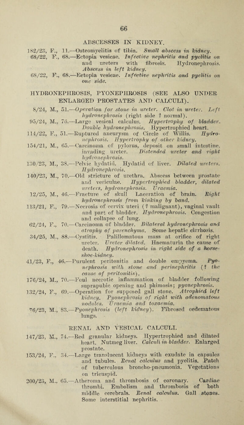 ABSCESSES IN KIDNEY. 182/23, F., 11.—Osteomyelitis of tibia. Small abscess in kidney. 68/22, F., 68.—Ectopia vesicae. Infective nephritis and pyelitis on and ureters with fibrosis. Hydronephrosis. Abscess in left kidney. 68/22, F., 68.—Ectopia vesicae. Infective nephritis and pyelitis on one side. HYDRONEPHROSIS, PYONEPHROSIS (SEE ALSO UNDER ENLARGED PROSTATES AND CALCULI). 51.—Operation for stone in ureter. Clot in ureter. Left hydronephrosis (light side ? normal). -Large vesical calculus. Hypertrophy of bladder.. Double hydronephrosis. Hypertrophied heart. -Ruptured aneurysm of Circle of Willis. Hydro¬ nephrosis. Hypertrophy of other kidney. -Carcinoma of pylorus, deposit on small intestine, invading ureter. Distended ureter and right hydronephrosis. -Pelvic hydatid. Hydatid of liver. Dilated ureters. Hydronephrosis. -Old stricture of urethra. Abscess between prostate and vesiculae. Hypertrophied bladder, dilated ureters, hydronephrosis. Uraemia. -Fracture of skull Laceration of brain. Right hydronephrosis from kinking by band. Necrosis of cervix uteri (? malignant), vaginal vault and part of bladder. Hydronephrosis. Congestion and collapse of lung. 70.—Carcinoma of bladder. Bilateral hydronephrosis and atrophy of parenchyma. Some hepatic cirrhosis. -Cystitis. Palillomatous mass at orifice of right ureter. Ureter dilated. Haematuria the cause of death. Hydronephrosis in right side of a horse¬ shoe-kidney. 46.—Purulent peritonitis and double empyema. Pyo¬ nephrosis with stone and perinephritis (? the cause of peritonitis). 176/24, M., 70.—Foul necrotic inflammation of bladder following suprapubic opening and phimosis; pyonephrosis. 132/24, F., 69.—Operation for supposed gall stone. Atrophied left kidney. Pyonephrosis of right luith adenomatous nodules. Uraemia and toxaemia. 8/24, M, 51 — 95/24, M., 76.— 114/22, F., 51.—■ 154/21, M., 65.— 130/23, M., 38.— 140/23, M., 70 — 12/25, M., 46.— 113/21, F., 79.— 62/24, F., 70.— 34/25, M, 88.— 41/23, F. 76/23, M., 83.—Pyonephrosis (left kidney). lungs. Fibrosed oedematous RENAL AND VESICAL CALCULI. 147/23, M., 74.—Red granular kidneys. Hypertrophied and dilated heart. Nutmeg liver. Calculi in bladder. Enlarged prostate. 153/24, F., 34.—Large translucent kidneys with exudate in capsules and tubules. Renal calculus and pyelitis. Patch of tuberculous broncho-pneumonia. Vegetations on tricuspid. 200/23, M., 65.—Atheroma and thrombosis of coronary. Cardiac thrombi. Embolism and thrombosis of both middle cerebrals. Renal calculus. Gall stones.. Some interstitial nephritis.