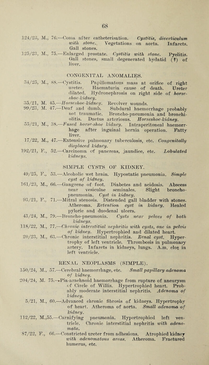 124/23, M., 7C.—Coma after catheterisation. Cystitis, diverticulum with stone. Vegetations on aorta. Infarcts. Gall stones. 125/23, M., 75.—Enlarged prostate. Cystitis with stone. Pyelitis. Gall stones, small degenerated hvdatid (?) of liver. CONGENITAL ANOMALIES. 34/25, M., 88.—Cystitis. Papillomatous mass at orifice of right ureter. Haematuria cause of death. Ureter dilated. Hydronephrosis on right side of horse- shoe-kidney. 35/21, M. 45.—7/orse shoe-kidney. Revolver wounds. 99/23, M. 47.—Deaf and dumb. Subdural haemorrhage probably not traumatic. Broncho-pneumonia and bronchi¬ olitis. Ductus arteriosus. Horseshoe-kidney. 55/21, M., 38.—Fused horse-shoe kidney. Intraperitoneal haemorr¬ hage after inguinal hernia operation. Patty liver. 17/22, M., 47.—Extensive pulmonary tuberculosis, etc. Congenitally displaced kidney. 192/21, F., 52.—Carcinoma of pancreas, jaundice, etc. Lobulated kidneys. SIMPLE CYSTS OF KIDNEY. 49/25, F., 53.—Alcoholic wet brain. Hypostatic pneumonia. Simple cyst of kidney. 161/23, M., 66.-—Gangrene of foot. Diabetes and acidosis. Abscess near vesiculae seminales. Slight broncho¬ pneumonia. Cyst in kidney. 93/21, F., 71.—Mitral stenosis. Distended gall bladder with stones. Atheroma, detention cyst in kidney. Healed pyloric and duodenal ulcers. 43/24, M., 79.—Broncho-pneumonia. Cysts near pelves of both kidneys. 118/22, M., 77.—Chronic interstitial nephritis with cysts, one in pelvis of kidney. Hypertrophied and dilated heart. 20/23, M., 63.—Chronic interstitial nephritis. Benal cyst. Hyper¬ trophy of left ventricle. Thrombosis in pulmonary artery. Infarcts in kidneys, lungs. A.m. clot, in left ventricle. RENAL NEOPLASMS (SIMPLE). 150/24, M., 57.—Cerebral haemorrhage, etc. Small papillary adenoma of kidney. 204/24, M. 75.—rPia-arachnoid haemorrhage from rupture of aneurysm of Circle of Willis. Hypertrophied heart. Prob¬ ably moderate interstitial nephritis. Adenoma of kidney. 5/21, M., 60.—Advanced chronic fibrosis of kidneys. Hypertrophy of heart. Atheroma of aorta. Small adenoma of kidney. 112/22, M.,55.—Carnifying pneumonia. Hypertrophied left ven¬ tricle. Chronic interstitial nephritis with adeno¬ mata. 87/22, F., 66.—Constricted ureter from adhesions. Atrophied kidney with adenomatous areas. Atheroma. Fractured humerus, etc.