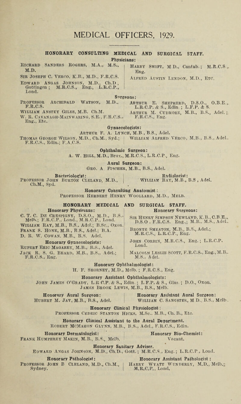 MEDICAL OFFICERS, 1929 HONORARY CONSULTING MEDICAL AND SURGICAL STAFF. Physicians: Richard Sanders Rogers, M.A., M.S., | harry Swift, m.D, Cantab.; M.R.C.S M.D. Eng. Alfred Austin Lendon, M.D., Etc. Sir Joseph C. Verco, K.B., M.D., F.R.C.S. Edward Angas Johnson, M.D.. Ch.D, Gottingen ; M.R.C.S., Eng., L.R.C.P., Lond. Surgeons: Professor Archirald Watson, M.D.. Arthur E. Shepherd, D.S.O., O.B.E. F.R.C.S. L.R.C.P. & S., Edin. ; L.F.P. & S. William Anstey Giles, M.B. Ch.M. Arthur M. Cudmore, M.B., B.S., Adel. W. R. Cavanagh-Mainwaring, S.E., F.R.C.S., F.R.C.S., Eng. Eng., Etc. Gynaecologists: Arthur F. A. Lynch, M.B., B.S., Adel. Thomas George Wilson, M.D., Ch.M.. Syd.; William Alfred Verco, M.B., B.S., Adel F.R.C.S., Edin.; F.A.C.S. Ophthalmic Surgeon: A. W. HILL, M.D., Brux., M.R.C.S., L.R.C.P., Eng. Aural Surgeon: Geo. A Fischer, M.B., B.S., Adel. Radiolosist: William Ray, M.B., B.S , Adel. Bacteriologist: Professor John Burton Cleland, M.D., Ch.M., Syd. Honorary Consulting Anatomist: Professor Herbert Henry Woollard, M.D., Melb. HONORARY MEDICAL Honorary Physicians: C. T. C. DE ORESPIGNY, D.S.O., M.D., B.S., Melb.; F.R.C.P., Lond., M.R.C.P., Lond. William Ray, M.B., R.S., Adel.; B.Sc., Oxon. Frank S. Hone, M.B., B.S., Adel.; B.A. D. R. W. Cowan. M.B., B.S. Adel. Honorary Gynaecologists: Rupert Eric Magarey, M.B., B.S., Adel. Jack R. S. G. Beard, M.B., B.S., Adel.; F.R.C.S., Eng. AND SURGICAL STAFF. Honorary Surgeons: Sir Henry Simpson Newland. K.B., C.B.E. D.S.O , F.R.C.S. Eng.,; M.B., M.S., Adel Bronte Smeaton, M.B., B.S., Adel.; M.R.C.S., L.R.C.P., Eng. John Corbin, M.R.C.S., Eng.; L.R.C.P. Lond. Malcolm Leslie Scott, F.R.C.S., Eng.,M.B M.S., Adel. Honorary Ophthalmologist: H. F. SHORNEY, M.D., Melb. ; F.R.C.S., Eng. Honorary Assistant Ophthalmologists: John James O’Grady, L.R C.P. & S., Edin.; L.F.P. & S., Glas.; D.O., Oxon. James Brook Lewis, M.B., B.S., Melb. Honorary Aural Surgeon: Honorary Assistant Aural Surgeon: Hubert M. Jay, M.B., B.S., Adel. William C. Sanostek, M D., B.S., Melb Honorary Clinical Physiologist: Professor Cedric Stanton Hicks, M.Sc.. M.B., Ch. B., Etc. Honorary Clinical Assistant to the Aural Department. Robert McMahon Glynn, M.B., B.S., Adel., F.R.C.S., Edin. Honorary Dermatologist: Honorary Bio-Chemist: Frank Humphrey Makin, M.B., B.S., Melb. Vacant. 9 Honorary Sanitary Adviser. Edward Angas Johnson, M.D., Ch.D., Gott.; M.R.C.S., Eng.; L.R.C.P., Lond. Honorary Pathologist: Professor John B Cleland, M.D., Ch.M., Sydney. Honorary Assistant Pathologist : Harry Wyatt Wunderly, M.D., Melb.- M.R.C.P., Lond.