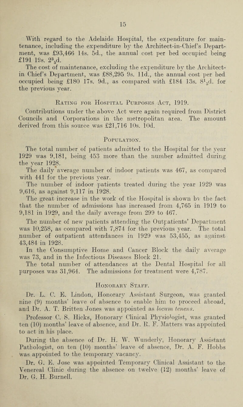 With regard to the Adelaide Hospital, the expenditure for main¬ tenance, including the expenditure by the Architect-in-Chief’s Depart¬ ment, was £93,466 14s. 5d., the annual cost per bed occupied being £191 19s. 235d. The cost of maintenance, excluding the expenditure by the Architect- in Chief’s Department, was £88,295 9s. llch, the annual cost per bed occupied being £180 17s. 9d., as compared with £184 13s. 815d. for the previous year. Rating for Hospital Purposes Act, 1919. Contributions under the above Act were again required from District Councils and Corporations in the metropolitan area. The amount derived from this source was £21,716 10s. lOd. Population. The total number of patients admitted to the Hospital for the year 1929 was 9,181, being 453 more than the number admitted during the year 1928. The daily average number of indoor patients was 467, as compared with 441 for the previous year. The number of indoor patients treated during the year 1929 was 9,616, as against 9,117 in 1928. The great increase in the work of the Hospital is shown bv the fact that the number of admissions has increased from 4,765 in 1919 to 9,181 in 1929, and the daily average from 299 to 467. The number of new patients attending the Outpatients’ Department was 10,258, as compared with 7,874 for the previous year. The total number of outpatient attendances in 1929 was 53,455, as against 43,484 in 1928. In the Consumptive Home and Cancer Block the daily average was 73, and in the Infectious Diseases Block 21. The total number of attendances at the Dental Hospital for all purposes was 31,964. The admissions for treatment were 4,787. Honorary Staff. Dr. L. C. E. Lindon, Honorary Assistant Surgeon, was granted nine (9) months’ leave of absence to enable him to proceed abroad, and Dr. A. T. Britten Jones was appointed as locum tenens. Professor C. S. Hicks, Honorary Clinical Physkdogist, was granted ten (10) months’ leave of absence, and Dr. R. F. Matters was appointed to act in his place. During the absence of Dr. H. W. WunderJy, Honorary Assistant Pathologist, on ten (10) months’ leave of absence, Dr. A. F. Hobbs was appointed to the temporary vacancy. Dr. G. E. Jose was appointed Temporary Clinical Assistant to the Venereal Clinic during the absence on twelve (12) months’ leave of Dr. G. H. Burnell.