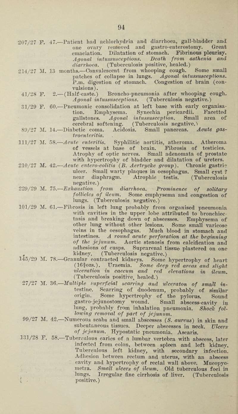 207/27 F. 47.—Patient had achlorhydria and diarrhoea, gall-bladder and one ovary removed and gastro-enterostomy. Great emaciation. Dilatation of stomach. Fibrinous pleurisy* Agonal intussusceptions. Death from asthenia and diarrhoea. (Tuberculosis positive, healed.) 214/27 M. 13 months.—Convalescent from whooping cough. Some small patches of collapse in lungs. Agonal intussusceptions* P.m. digestion of stomach. Congestion of brain (con¬ vulsions). 41/28 F. 2.— (Half-caste.) Broncho-pneumonia after whooping cough* Agonal intussusceptions. (Tuberculosis negative.) 31/29 F. 60.—Pneumonic consolidation at left base with early organisa¬ tion. Emphysema. Synechia pericardii. Facetted gallstones. Agonal intussusception. Small area of cerebral softening. (Tuberculosis negative. 1 89/27 M. 14.—Diabetic coma. Acidosis. Small pancreas. Acute gas- troenteritis. 111/27 M. 58.—Acute enteritis. Syphilitic aortitis, atheroma. Atheroma of vessels at base of brain. Fibrosis of testicles. Atrophy of optic nerves. Small adenomata of prostate with hypertrophy of bladder and dilatation of ureters. 210/27 M. 42.—Acute entero-colitis (B. Aertryclce group). Chronic gastric ulcer. Small warty plaques in oesophagus. Small cyst ? near diaphragm. Atrophic testis. (Tuberculosis negative.) 229/29 M. 75.—Exhaustion from diarrhoea. Prominence of solitary follicles of ileum. Some emphysema and congestion of lungs. (Tuberculosis negative.) 101/29 M. 61.—Fibrosis in left lung probably from organised pneumonia with cavities in the upper lobe attributed to bronchiec tasis and breaking down of abscesses. Emphysema of other lung without other lesions. Some small varicose veins in the oesophagus. Much blood in stomach and intestines. A round acute perforation at the beginning of the jejunum. Aortic stenosis from calcification and adhesions of cusps. Suprarenal tissue plastered on one # kidney. (Tuberculosis negative.) 145/29 M. 78.—Granular contracted kidneys. Some hypertrophy of heart (16fozs.). Uraemia. Some deep red areas and slight ulceration in caecum and red elevations in ileum- (Tuberculosis positive, healed.) 27/27 M. 36.—Multiple superficial scarring and ulceraton of small in¬ testine. Scarring of duodenum, probably of similar origin. Some hypertrophy of the pylorus. Sound gastro-jejunostomy wound. Small abscess-cavity in lung, probably from inhalation pneumonia. Shoclc fol¬ lowing removal of part of jejunum. 99/27 M. 42.—Numerous scabs and small abscesses (S. aureus) in skin and subcutaneous tissues. Deeper abscesses in neck. TJleers of jejunum. Hypostatic pneumonia. Ascaris. 131/28 F. 58. Tuberculous caries of a lumbar vertebra with abscess, later infected from colon, between spleen and left kidney* Tuberculous left kidney, with secondary infection. Adhesion between rectum and uterus, with an abscess cavity and hypertrophy of rectal wall above. Mucopyo- metra. Small ulcers of ileum. Old tuberculous foci in lungs. Irregular fine cirrhosis of liver. (Tuberculosis ( . positive.)
