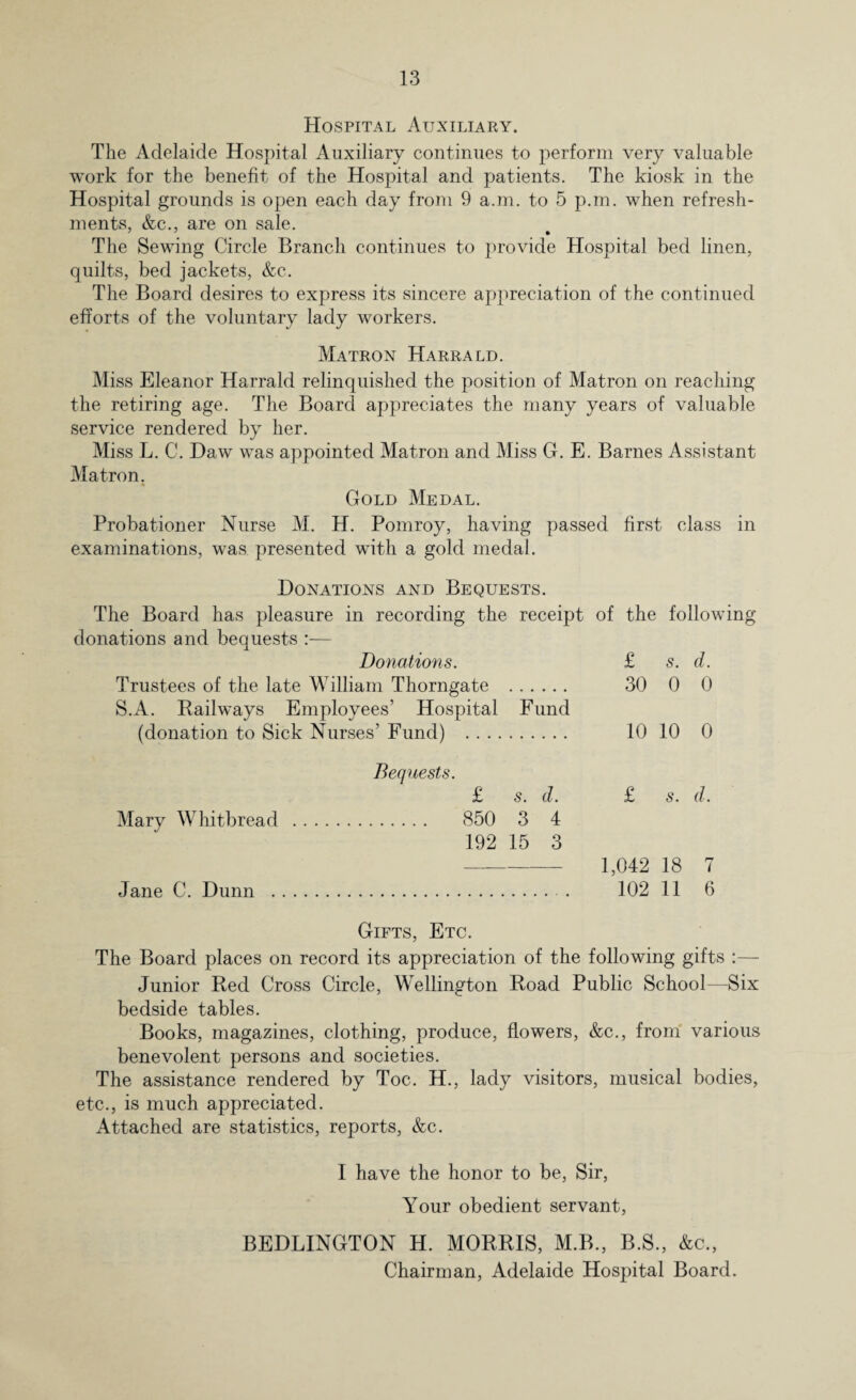 Hospital Auxiliary. The Adelaide Hospital Auxiliary continues to perform very valuable work for the benefit of the Hospital and patients. The kiosk in the Hospital grounds is open each day from 9 a.m. to 5 p.m. when refresh¬ ments, &c., are on sale. The Sewing Circle Branch continues to provide Hospital bed linen, quilts, bed jackets, &c. The Board desires to express its sincere appreciation of the continued efforts of the voluntary lady workers. Matron Harrald. Miss Eleanor Harrald relinquished the position of Matron on reaching the retiring age. The Board appreciates the many years of valuable service rendered by her. Miss L. C. Daw was appointed Matron and Miss G. E. Barnes Assistant Matron. Gold Medal. Probationer Nurse M. H. Pomroy, having passed first class in examinations, was presented with a gold medal. Donations and Bequests. The Board has pleasure in recording the receipt of the following donations and bequests :— Donations. £ s. d. Trustees of the late William Thorngate . 30 0 0 S.A. Railways Employees’ Hospital Fund (donation to Sick Nurses’ Fund) . 10 10 0 Bequests. £ s. d. £ s. d. Mary Whitbread . 850 3 4 192 15 3 - 1,042 18 7 Jane C. Dunn . . 102 11 6 Gifts, Etc. The Board places on record its appreciation of the following gifts :— Junior Red Cross Circle, Wellington Road Public School—Six bedside tables. Books, magazines, clothing, produce, flowers, &c., from various benevolent persons and societies. The assistance rendered by Toe. H., lady visitors, musical bodies, etc., is much appreciated. Attached are statistics, reports, &c. I have the honor to be, Sir, Your obedient servant, BEDLINGTON H. MORRIS, M.B., B.S., &c., Chairman, Adelaide Hospital Board.