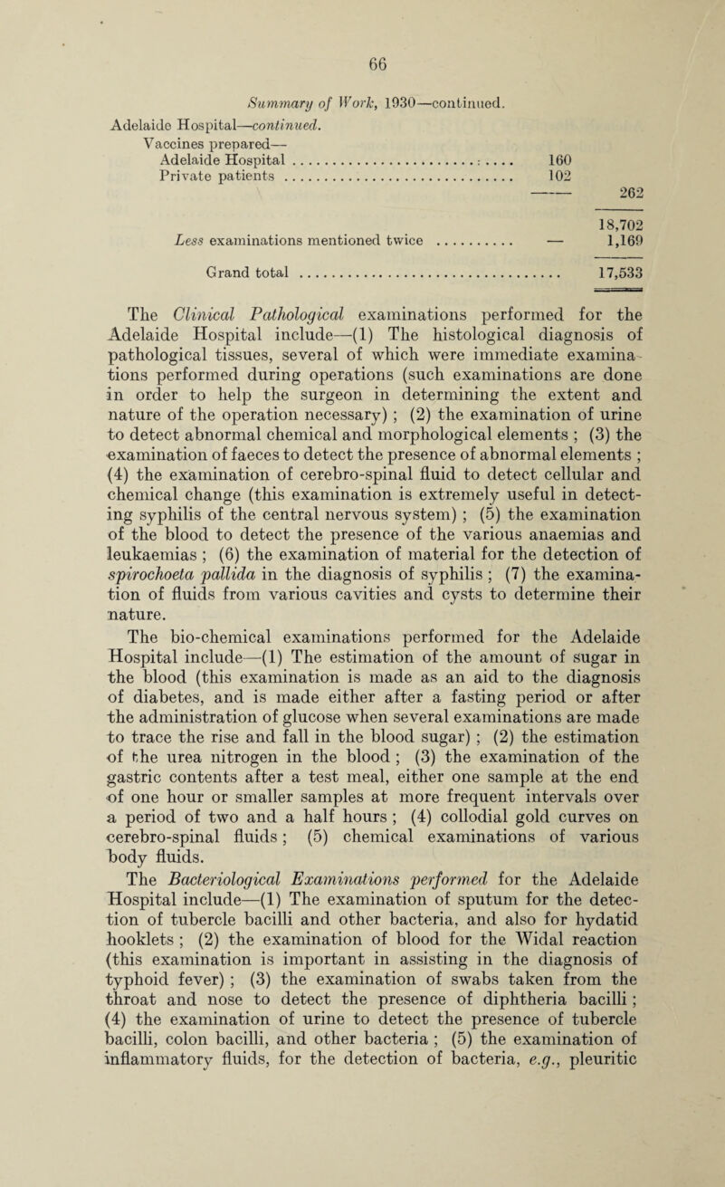 Summary of Work, 1930—continued. Adelaide Hospital—continued. Vaccines prepared— Adelaide Hospital.. .... 160 Private patients . 102 - 262 18,702 Less examinations mentioned twice . — 1,169 Grand total . 17,533 The Clinical Pathological examinations performed for the Adelaide Hospital include—(1) The histological diagnosis of pathological tissues, several of which were immediate examina tions performed during operations (such examinations are done in order to help the surgeon in determining the extent and nature of the operation necessary) ; (2) the examination of urine to detect abnormal chemical and morphological elements ; (3) the examination of faeces to detect the presence of abnormal elements ; (4) the examination of cerebro-spinal fluid to detect cellular and chemical change (this examination is extremely useful in detect¬ ing syphilis of the central nervous system) ; (5) the examination of the blood to detect the presence of the various anaemias and leukaemias ; (6) the examination of material for the detection of spirochoeta pallida in the diagnosis of syphilis ; (7) the examina¬ tion of fluids from various cavities and cysts to determine their nature. The bio-chemical examinations performed for the Adelaide Hospital include—(1) The estimation of the amount of sugar in the blood (this examination is made as an aid to the diagnosis of diabetes, and is made either after a fasting period or after the administration of glucose when several examinations are made to trace the rise and fall in the blood sugar) ; (2) the estimation of the urea nitrogen in the blood ; (3) the examination of the gastric contents after a test meal, either one sample at the end •of one hour or smaller samples at more frequent intervals over a period of two and a half hours ; (4) collodial gold curves on cerebro-spinal fluids; (5) chemical examinations of various body fluids. The Bacteriological Examinations performed for the Adelaide Hospital include—(1) The examination of sputum for the detec¬ tion of tubercle bacilli and other bacteria, and also for hydatid hooklets ; (2) the examination of blood for the Widal reaction (this examination is important in assisting in the diagnosis of typhoid fever) ; (3) the examination of swabs taken from the throat and nose to detect the presence of diphtheria bacilli; (4) the examination of urine to detect the presence of tubercle bacilli, colon bacilli, and other bacteria ; (5) the examination of inflammatory fluids, for the detection of bacteria, e.g., pleuritic