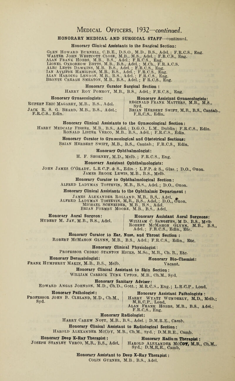 HONORARY MEDICAL AND SURGICAL STAFF—continued. Honorary Clinical Assistants to the Surgical Section: Glen Howard Burnell, C.B.E., D.S.O., M.D., B.S., Adel.; F.R.C.S., Eng. Walter John Westcott Close, M.B., M.S., Adel.; F.R.C.S., Eng. Alan Frank Hobbs, M.B., B.S., Adel.; F.R.C.S., Eng. Lionel Oxborrow Betts, M.B., B.S., Adel.; M.Ch., F.R.A.C.S. Alec Letts Dawkins, M.B. B.S., Adel.; F.R.C.S., Eng. Ian Aylifee Hamilton, M.B., B.S., Adel.; F.R.C.S., Eng. Alan Harding Lendon, M.B., B.S., Adel.; F.R.C.S., Eng. Bronte Creagh Smeaton, M.B., B.S., Adel.; F R.C.S., Eng. Honorary Curator Surgical Section : Harry Roy Pomroy, M.B., B.S., Adel.; F.R.C.S., Eng. Honorary Gynaecologists: Rupert Eric Magarey, M.B., B.S., Adel. Jack R. S. G. Beard, M.B., B.S., Adel.; F.R.C.S., Edin. Honorary Assistant Gynaecologists: REGINALD FRANK MATTERS, M.B., M.S , Syd. Brian Herbert Swift, M.B., B.S., Cantab., F.R.C.S., Edin. Honorary Clinical Assistants to the Gynaecological Section: Harry Medcalf Fisher, M.B., B.S., Adel.; D.G.O., L.M., Dublin; F.R.C.S., Edin. Ronald Lister Verco, M.B., B.S., Adel.; F.R.C.S., Edin. Honorary Curator to Gynaecological and Obstetrical Sections: Brian Herbert Swift, M.B., B.S., Cantab.; F.R.C.S., Edin. Honorary Ophthalmologist: H. F. Shorney, M.D., Melb. ; F.R.C.S., Eng. Honorary Assistant Ophthalmologists: John James O’Grady, L.R C.P. & S., Edin.; L.F.P. & S., Glas.; D.O., Oxon. James Brook Lewis, M.B., B.S., Melb. Honorary Curator to Ophthalmological Section: Alfred Ladyman Tostevin, M.B., B.S., Adel.; D.O., Oxon. Honorary Clinical Assistants to the Ophthalmic Department : James Alexander Holland, M.B., B.S., Adel. Alfred Ladyman Tostevin, M.B., B.S., Adel.; D.O., Michael Schneider, M.B., B.S., Adel. Brian Formby Moore, M.B., B.S.. Adel. )xon. Honorary Aural Surgeon: j Honorary Assistant Aural Surgeons: Hubert M. Jay, M.B., B.S., Adel. William C. Sanostek, M D., B.S., Melb ! Robert McMahon Glynn, M.B., B.S., I Adel.; F.R.C.S., Edin., Etc. Honorary Curator to Ear, Nose, and Throat Section : Robert McMahon Glynn, M.B., B.S., Adel.; F.R.C.S., Edin., Etc. Honorary Clinical Physiologist: Professor Cedric Stanton Hicks, M.Sc., M.B., Ch. B., Etc. Honorary Dermatologist: Honorary Bio-Chemist: Frank Humphrey Makin, M.B., B.S., Melb. Vacant. Honorary Clinical Assistant to Skin Section: WILLIAM Carrick Tunk Upton, M.B., Ch.M., Syd. Honorary Sanitary Adviser: Edward Angas Johnson, M.D., Ch.D., Gott.; M.R.C.S., Eng.; L.R.C.P, Lond. Honorary Assistant Pathologists : Harry Wyatt Wunderly, M.D., Melb.; M.R.C.P., Lond. Alan Frank Hobbs, M.B., B.S., Adel.; F.R.C.S., Eng. Honorary Radiologist: Harry Carew Nott, M.B., B.S., Adel.; D.M.R.E., Camb. Honorary Clinical Assistant to Radiological Section: Harold Alexander McCoy, M.B., Ch.M., Syd.; D.M.R.E., Camb. ■ Honorary Pathologist: Professor John B. Cleland, M.D., Ch.M., Syd. Honorary Deep X-Ray Therapist: Joseph Stanley Verco, M.B., B.S., Adel. Honorary Radium Therapist: Harold Alexander McCOY, M.B., Ch.M., Syd.; D.M.R.E., Camb. Honorary Assistant to Deep X-Ray Therapist: Colin Gurner, M.B., B.S., Adel.