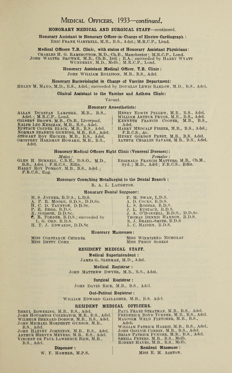 HONORARY MEDICAL AND SURGICAL STAFF—continued. Honorary Assistant to Honorary Officer-in-Charge of Electro-Cardiograph : Eric Frank Gartrell, M.B., B.S., Adel.; M.R.C.P., Bond. Medical Officers T.B. Clinic, with status of Honorary Assistant Physicians: Charles H. G. Ramsbottom, M.D., Ch.B., Manchester; M.R.C.P., Bond. John Walter Browne, M.B., Ch.B., Irel.; B.A.; succeeded by Harry Wyatt WUNDERLY, M.D., Melb.; M.R.C.P., Bond. Honorary Assistant Medical Officer, T.B. Clinic: John William Rollison, M.B., B.S., Adel. Honorary Bacteriologist in Charge of Vaccine Department: Helen M. Mayo, M.D., B.S., Adel.; succeeded by Douglas Bewis Barlow, M.D., B.S., Adel. Clinical Assistant to the Vaccine and Asthma Clinic: Vacant. Honorary Anaesthetists: Allan Dunstan Bamphee, M.B., B.S., Adel.; M.R.C.P., Bond. j Gilbert Brown. M.B., Ch.B., Eiverpool, Ralph Beo Kenihan, M.B., B.S., Adel. Eustace Couper Black, M.B., B.S., Adel. I Norman Stannus Gunning, M.B., B.S., Adel. Stewart Roy Hecker, M.B., B.S., Adel. Geoffrey Hardman Howard, M.B., B.S., Adel. Henry Edwin Pellew, M.B., B.S., Adel. William Arthur Pryor, M.B., B.S., Adel. Kenneth Francis Cooper, M.B., B.S., Adel. Harry Medcalf Fisher, M.B., B.S., Adel.; F.R.C.S., &c. Henry Gordon Prest, M.B., B.S. Adel. Arthur Charles Savage, M.B., B.S., Adel. Honorary Medical Officers Night Clinic (Venereal Diseases!: Males: j Females: Glen H. Burnell, C.B.E., D.S.O., M.D., j Reginald Francis Matters, M.B., Ch.M., B.S., Adel.; F.R.C.S., Edin. i Syd.; M.D., Adel; F.R.C.S., Edin. Harry Roy Pomroy, M.B., B.S., Adel.; F.R.C.S., Eng. Honorary Consulting Metallurgist to the Dental Branch : R. A. B. Baughton. Honorary Dental Surgeon?: M. S. Joyner, B.D.S., B.D.S. A. P. R. Moore, B.d.s., D.D.Sc. H. C. D. Taunton, D.D.Sc. p. r. begg, b.d.s. R. Godson, D.D.Sc. C. R. Forder, B.D.S.; succeeded by B. G. Ord. B.D.S. H. T. J. Edwards, D.D.Sc F. M. Swan, B.D.S. A. D. Cocks, B.D.S. B. S. Rogers, B.D.S. J. B. Eustace, B.D.S. J. A. O’Donnell, B.D.S., D.D.Sc. Thomas Dennis Hannon, B.D.S. R. J. Brazil-Smith, B.D.S B. C. Maiden, B.D.S. Honorary Masseuses: Miss Constance Chinner Miss winnifred Nicholas Miss Betty Cohn Miss Peggy Sobels RESIDENT MEDICAL STAFF. Medical Superintendent : James G. Sleeman, M.D., Adel. Medical Registrar : John Matthew Dwyer, M.B., B.S., Adel. Surgical Registrar : John David PacE, M.B., B.S., Adel. Out-Patient Registrar : William Edward Gallagher, M.B., B.S. Add. RESIDENT MEDICAL OFFICERS Beryl Bowering, M.B., B.S., Adel. John Houghton Colebatch, M.B., B.S., Adel. Wilhelm Bernard Dorsch, M.B., B.S., Adel. John Michael Morphett Gunson, M.B., B.S., Adel. John Harvey Johnston, M.B., B.S., Adel. Arthur Mervyn Meyers, M.B., B.S., Adel. Vincent de Paul Lawrence Rice, M.B., B.S., Adel. Dispenser : W. F. Hammer, M.P.S. Paul Franz Stratman, M.B., B.S., Adel. Frederick Boyd Turner, M.B., B.S., Adel. Malcolm Weld Fletcher, M.B., B.S., Adel; William Patrick Harris, M.B., B.S., Adel. John Ogilvie Corbin, M.B., B.S., Adel. Brian Patrick Funder, M.B., B.S., Adel. Sheila Peters, M.B., B.S., Melb. Robert Hayes, M.B., B.S., Melb. Resident Masseuse : Miss E. M. Ashton.