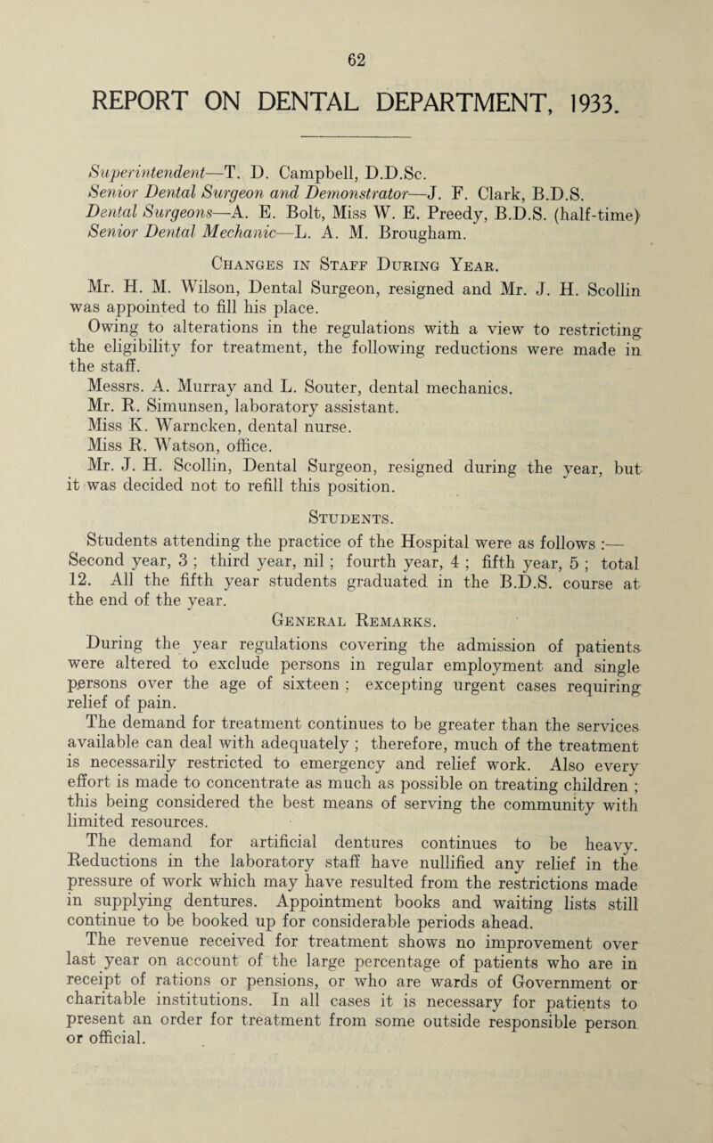 REPORT ON DENTAL DEPARTMENT, 1933. Superintendent—T. D. Campbell, D.D.Sc. Senior Dental Surgeon and Demonstrator—J. F. Clark, B.D.S. Dental Surgeons—A. E. Bolt, Miss W. E. Preedy, B.D.S. (half-time) Senior Dental Mechanic—L. A. M. Brougham. Changes in Staff During Year. Mr. H. M. Wilson, Dental Surgeon, resigned and Mr. J. H. Scollin was appointed to fill his place. Owing to alterations in the regulations with a view to restricting- the eligibility for treatment, the following reductions were made in the staff. Messrs. A. Murray and L. Souter, dental mechanics. Mr. R. Simunsen, laboratory assistant. Miss K. Warncken, dental nurse. Miss R. Wratson, office. Mr. J. H. Scollin, Dental Surgeon, resigned during the year, but it was decided not to refill this position. Students. Students attending the practice of the Hospital were as follows :— Second year, 3 ; third year, nil ; fourth year, 4 ; fifth year, 5 ; total 12. All the fifth year students graduated in the B.D.S. course at the end of the year. General Remarks. During the year regulations covering the admission of patients were altered to exclude persons in regular employment and single persons over the age of sixteen ; excepting urgent cases requiring relief of pain. The demand for treatment continues to be greater than the services available can deal with adequately ; therefore, much of the treatment is necessarily restricted to emergency and relief work. Also every effort is made to concentrate as much as possible on treating children ; this being considered the best means of serving the community with limited resources. The demand for artificial dentures continues to be heavy. Reductions in the laboratory staff have nullified any relief in the pressure of work which may have resulted from the restrictions made in supplying dentures. Appointment books and waiting lists still continue to be booked up for considerable periods ahead. The revenue received for treatment shows no improvement over last year on account of the large percentage of patients who are in receipt of rations or pensions, or who are wards of Government or charitable institutions. In all cases it is necessary for patients to present an order for treatment from some outside responsible person or official.