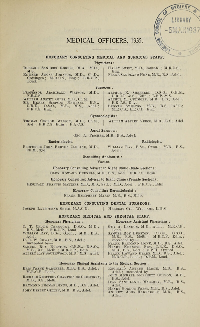 MEDICAL OFFICERS, 1935. % HONORARY CONSULTING MEDICAL AND SURGICAL STAFF. Physicians : Richard Sanders Rogers, M.A., M.D., M.S. Edward Angas Johnson, M.D., Ch.D., Gottingen ; M.R.C.S., Eng. ; L.R.C.P., Lond. Harry Swift, M.D., Cantab. ; M.R.C.S., Eng. Frank Sandland Hone, M.B., B.S., Adel. Surgeons : Professor Archibald Watson, M.D., F.R.C.S. William Anstey Giles, M.B., Ch.M. Sir Henry Simpson Newland, K.B., C.B.E., D.S.O., M.B., M.S., Adel. ; F.R.C.S., Eng. Arthur E. Shepherd, D.S.O., O.B.E. L. R.C.P. & S., Edin. ; L.F.P. & S. Arthur M. Cudmore, M.B., B.S., Adel.; F.R.C.S., Eng. Bronte Smeaton, M.B., B.S., Adel.; M. R.C.S., L.R.C.P., Eng. Gynaecologists : Thomas George Wilson, M.D., Ch.M., I William Alfred Yerco, M.B., B.S., Adel. Syd. ; F.R.C.S., Edin. ; F.A.C.S. I Aural Surgeon : Geo. A. Fischer, M.B., B.S., Adel. Bacteriologist. Radiologist. Professor John Burton Cleland, M.D., William Ray, B.Sc., Oxon.; M.B., B.S.„ Ch.M., Syd. I Adel. Consulting Anatomist : Vacant. Honorary Consulting Adviser to Night Clinic (Male Section) : Glen Howard Burnell, M.D., B.S., Adel.; F.R.C.S., Edin. Honorary Consulting Adviser to Night Clinic (Female Section) : Reginald Francis Matters, M.B., M.S., Syd.; M.D., Adel. ; F.R.C.S., Edin. Honorary Consulting Dermatologist : Frank Humphrey Makin, M.B., B.S., Melb. HONORARY CONSULTING DENTAL SURGEONS. Joseph Laybourne Smith, M.A.C.D. | Herbert Gill Williams, L.D.S. HONORARY MEDICAL Honorary Physicians : C. T. Ch.-de Crespigny, D.S.O., M.D., B.S., Melb. ; F.R.C.P., Lond. William Ray, B.Sc., Oxon. ; M.B., B.S., Adel. D. R. W. Cowan, M.B., B.S., Adel.; succeeded by— Samuel Roy‘ Burston, C.B.E., D.S.O., M.B., B.S., Melb. ; M.R.C.P., Edin. Albert Ray Southwood, M.D., M.S., Adel. Honorary Clinical Assists Eric Frank Gartrell, M.B., B.S., Adel.; M.R.C.P., Lond. Richard Geoffrey Champion de Crespigny, M.B., B.S., Melb. Raymond Thomas Binns, M.B., B.S., Adel. John Besley Gillen, M.B., B.S., Adel. AND SURGICAL STAFF. Honorary Assistant Physicians : Guy A. Lendon, M.D., Adel.; M.R.C.P... Lond. Samuel Roy Burston, C.B.E., D.S.O., M.B., B.S., Melb. ; M.R.C.P. Edin. ; succeeded by— Frank Raymond Hone, M.D., B.S., Adel. Henry Kenneth Fry, C.B.E., D.S.O., M.B., B.S., Adel. ; D.P.H., Oxford. Frank Howard Beare, M.D., B.S., Adel.; M.R.C.P., Lond. ; D.P.M., Lond. to the Medical Section : Reginald Arthur Haste, M.B., B.jg.,. Adel. ; succeeded by— John Michael Morphett Gunson, M.B., B.S., Adel. Ivan Sandilands Magarey, M.B., B.S., Adel. Henry Gordon Prest, M.B., B.S., Adel. Andrew John Hakendorf, M.B., B.S.* Adel.