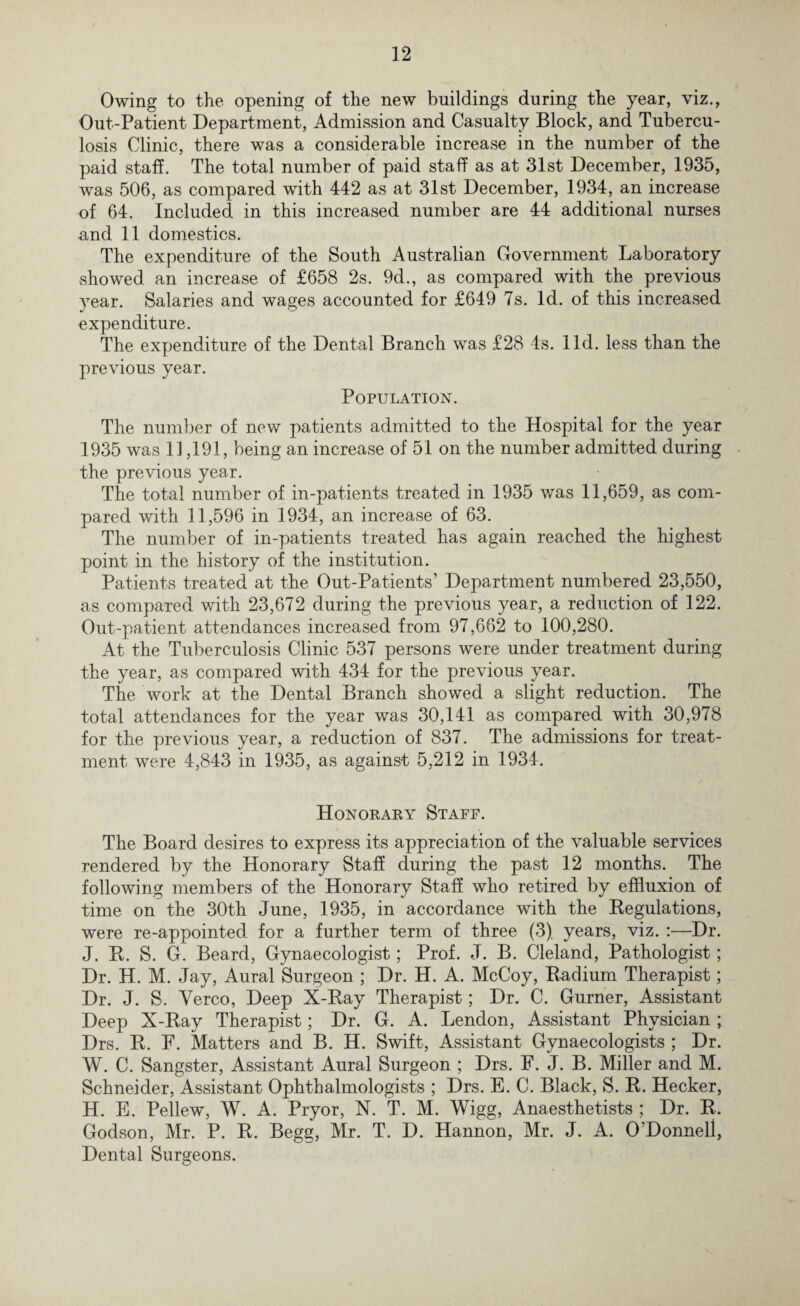 Owing to the opening of the new buildings during the year, viz., Out-Patient Department, Admission and Casualty Block, and Tubercu¬ losis Clinic, there was a considerable increase in the number of the paid staff. The total number of paid staff as at 31st December, 1935, was 506, as compared with 442 as at 31st December, 1934, an increase of 64. Included in this increased, number are 44 additional nurses and 11 domestics. The expenditure of the South Australian Government Laboratory showed an increase of £658 2s. 9d., as compared with the previous year. Salaries and wages accounted for £649 7s. Id. of this increased expenditure. The expenditure of the Dental Branch was £28 Is. lid. less than the previous year. Population. The number of new patients admitted to the Hospital for the year 1935 was 11,191, being an increase of 51 on the number admitted during the previous year. The total number of in-patients treated in 1935 was 11,659, as com¬ pared with 11,596 in 1934, an increase of 63. The number of in-patients treated has again reached the highest point in the history of the institution. Patients treated at the Out-Patients’ Department numbered 23,550, as compared with 23,672 during the previous year, a reduction of 122. Out-patient attendances increased from 97,662 to 100,280. At the Tuberculosis Clinic 537 persons were under treatment during the year, as compared with 434 for the previous year. The work at the Dental Branch showed a slight reduction. The total attendances for the year was 30,141 as compared with 30,978 for the previous year, a reduction of 837. The admissions for treat¬ ment were 4,843 in 1935, as against 5,212 in 1934. Honorary Staff. The Board desires to express its appreciation of the valuable services rendered by the Honorary Staff during the past 12 months. The following members of the Honorary Staff who retired by effluxion of time on the 30th June, 1935, in accordance with the Regulations, were re-appointed for a further term of three (3). years, viz. :—Dr. J. R. S. G. Beard, Gynaecologist; Prof. J. B. Cleland, Pathologist; Dr. H. M. Jay, Aural Surgeon ; Dr. H. A. McCoy, Radium Therapist; Dr. J. S. Yerco, Deep X-Ray Therapist; Dr. C. Gurner, Assistant Deep X-Ray Therapist; Dr. G. A. Lendon, Assistant Physician ; Drs. R. F. Matters and B. H. Swift, Assistant Gynaecologists ; Dr. W. C. Sangster, Assistant Aural Surgeon ; Drs. F. J. B. Miller and M. Schneider, Assistant Ophthalmologists ; Drs. E. C. Black, S. R. Hecker, H. E. Pellew, W. A. Pryor, N. T. M. Wigg, Anaesthetists ; Dr. R. Godson, Mr. P. R. Begg, Mr. T. D. Hannon, Mr. J. A. O'Donnell, Dental Surgeons.