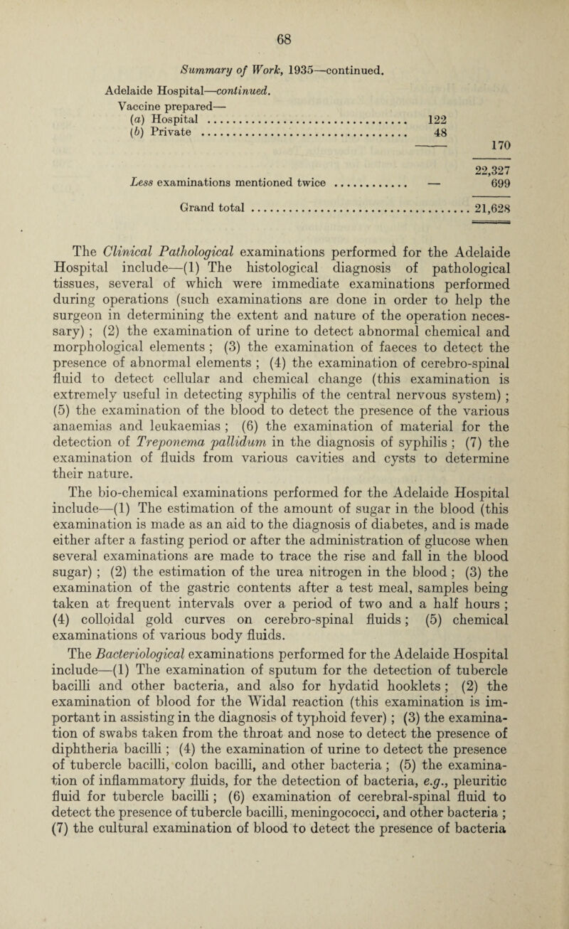 Summary of Work, 1935—continued. Adelaide Hospital—continued. Vaccine prepared— (a) Hospital . 122 (b) Private . 48 - 170 22,327 Less examinations mentioned twice . — 699 Grand total.21,628 The Clinical Pathological examinations performed for the Adelaide Hospital include—(1) The histological diagnosis of pathological tissues, several of which were immediate examinations performed during operations (such examinations are done in order to help the surgeon in determining the extent and nature of the operation neces¬ sary) ; (2) the examination of urine to detect abnormal chemical and morphological elements ; (3) the examination of faeces to detect the presence of abnormal elements ; (4) the examination of cerebro-spinal fluid to detect cellular and chemical change (this examination is extremely useful in detecting syphilis of the central nervous system) ; (5) the examination of the blood to detect the presence of the various anaemias and leukaemias ; (6) the examination of material for the detection of Treponema pallidum in the diagnosis of syphilis ; (7) the examination of fluids from various cavities and cysts to determine their nature. The bio-chemical examinations performed for the Adelaide Hospital include—(1) The estimation of the amount of sugar in the blood (this examination is made as an aid to the diagnosis of diabetes, and is made either after a fasting period or after the administration of glucose when several examinations are made to trace the rise and fall in the blood sugar) ; (2) the estimation of the urea nitrogen in the blood ; (3) the examination of the gastric contents after a test meal, samples being taken at frequent intervals over a period of two and a half hours ; (4) colloidal gold curves on cerebro-spinal fluids; (5) chemical examinations of various body fluids. The Bacteriological examinations performed for the Adelaide Hospital include—(1) The examination of sputum for the detection of tubercle bacilli and other bacteria, and also for hydatid hooklets ; (2) the examination of blood for the Widal reaction (this examination is im¬ portant in assisting in the diagnosis of typhoid fever) ; (3) the examina¬ tion of swabs taken from the throat and nose to detect the presence of diphtheria bacilli; (4) the examination of urine to detect the presence of tubercle bacilli, colon bacilli, and other bacteria ; (5) the examina¬ tion of inflammatory fluids, for the detection of bacteria, e.g., pleuritic fluid for tubercle bacilli; (6) examination of cerebral-spinal fluid to detect the presence of tubercle bacilli, meningococci, and other bacteria ; (7) the cultural examination of blood to detect the presence of bacteria