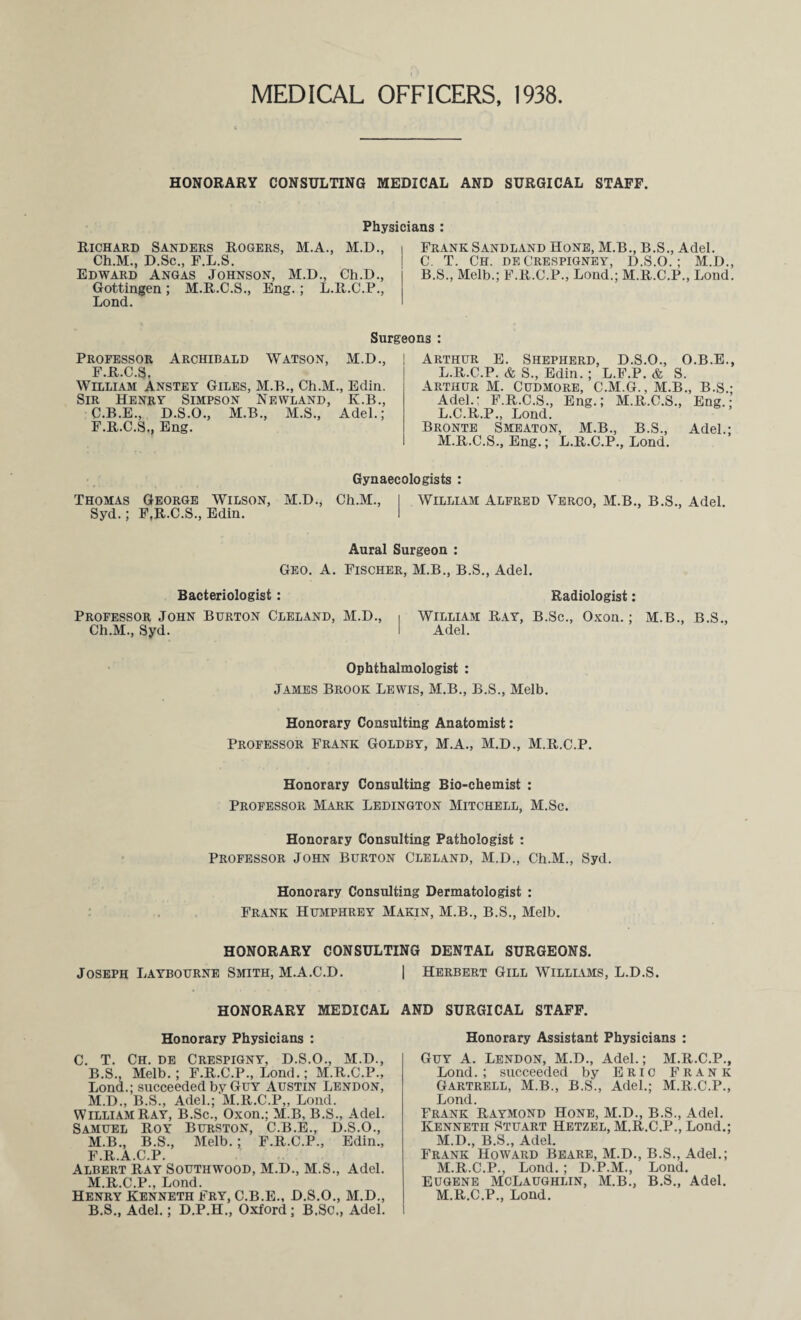 MEDICAL OFFICERS, 1938 HONORARY CONSULTING MEDICAL AND SURGICAL STAFF. Physicians : Richard Sanders Rogers, M.A., M.D., Ch.M., D.Sc., F.L.S. Edward Angas Johnson, M.D., Ch.D., Gottingen; M.R.C.S., Eng.; L.R.C.P., Lond. Frank Sandland Hone, M.B., B.S., Adel. C. T. Ch. de Crespigney, D.S.O.; M.D., B.S., Melb.; F.R.C.P., Lond.; M.R.C.P., Lond. Surgeons : Professor Archibald Watson, M.D., F.R.C.S. William Anstey Giles, M.B., Ch.M., Edin. Sir Henry Simpson Newland, K.B., C.B.E., D.S.O., M.B., M.S., Adel.; F.R.C.S., Eng. Arthur E. Shepherd, D.S.O., O.B.E., L.R.C.P. & S., Edin. ; L.F.P. & S. Arthur M. Cudmore, C.M.G., M.B., B.S.; Adel.; F.R.C.S., Eng.; M.R.C.S., Eng . L. C.R.P., Lond. Bronte Smeaton, M.B., B.S., Adel.; M. R.C.S., Eng.; L.R.C.P., Lond. Gynaecologists : Thomas George Wilson, M.D., Ch.M., I William Alfred Yerco, M.B., B.S., Adel. Syd.; F.R.C.S., Edin. I Aural Surgeon : Geo. A. Fischer, M.B., B.S., Adel. Bacteriologist: Radiologist: Professor John Burton Cleland, M.D., i William Ray, B.Sc., Oxon.; M.B., B.S., Ch.M., Syd. I Adel. Ophthalmologist : James Brook Lewis, M.B., B.S., Melb. Honorary Consulting Anatomist: Professor Frank Goldby, M.A., M.D., M.R.C.P. Honorary Consulting Bio-chemist : Professor Mark Ledington Mitchell, M.Sc. Honorary Consulting Pathologist ; Professor John Burton Cleland, M.D., Ch.M., Syd. Honorary Consulting Dermatologist : Frank Humphrey Makin, M.B., B.S., Melb. HONORARY CONSULTING DENTAL SURGEONS. Joseph Laybourne Smith, M.A.C.D. | Herbert Gill Willlvms, L.D.S. HONORARY MEDICAL AND SURGICAL STAFF. Honorary Physicians : C. T. Ch. de Crespigny, D.S.O., M.D., B.S., Melb.; F.R.C.P., Lond.; M.R.C.P., Lond.; succeeded by Guy Austin Lendon, M.D., B.S., Adel.; M.R.C.P,, Lond. William Ray, B.Sc., Oxon.; M.B, B.S., Adel. Samuel Roy Burston, C.B.E., D.S.O., M.B., B.S., Melb.; F.R.C.P., Edin., F.R.A.C.P. Albert Ray Southwood, M.D., M.S., Adel. M.R.C.P., Lond. Henry Kenneth Fry, C.B.E., D.S.O., M.D., B.S., Adel.; D.P.H., Oxford; B.SC., Adel. Honorary Assistant Physicians : Guy A. Lendon, M.D., Adel.; M.R.C.P., Lond.; succeeded by Eric Frank Gartrell, M.B., B.S., Adel.; M.R.C.P., Lond. Frank Raymond Hone, M.D., B.S., Adel. Kenneth Stuart Hetzel, M.R.C.P., Lond.; M.D., B.S., Adel. Frank Howard Beare, M.D., B.S., Adel.; M.R.C.P., Lond. ; D.P.M., Lond. Eugene McLaughlin, M.B., B.S., Adel. M.R.C.P., Lond.