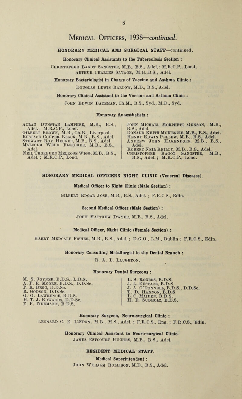 Medical Officers, 1938—continued. HONORARY MEDICAL AND SURGICAL STAFF—continued. Honorary Clinical Assistants to the Tuberculosis Section : Christopher Bagot Sangster, M.B., B.S., Adel.; M.R.C.P., Lond. Arthur Charles Savage, M.B.,B.S., Adel. Honorary Bacteriologist in Charge of Vaccine and Asthma Clinic : Douglas Lewis Barlow, M.D., B.S., Adel. Honorary Clinical Assistant to the Vaccine and Asthma Clinic : John Edwin Bateman, Ch.M., B.S., Syd., M.D., Syd. Honorary Anaesthetists : Allan Dunstan Lamphee, M.B., B.S., Adel.; M.R.C.P., Lond. Gilbert Brown, M.B., Ch.B., Liverpool. Eustace Couper Black, M.B., B.S., Adel. Stewart Roy Hecker, M.B., B.S., Adel. Malcolm Weld Fletcher, M.B., B.S., Adel. Neil Thorburn Melrose Wigg, M.B., B.S., Adel. ; M.R.C.P., Lond. John Michael Morphett Gunson, M.B., B.S.. Adel. Donald Keith McKenzie, M.B., B.S., Adel. Henry Edwin Pellew, M.B., B.S., Adel. Andrew John Hakendorf, M.B., B.S., Adel. Robert Neil Reilly, M.B., B.S., Adel. Christopher Bagot Sangster, M.B., B.S., Adel.; M.R.C.P., Lond. HONORARY MEDICAL OFFICERS NIGHT CLINIC (Venereal Diseases). Medical Officer to Night Clinic (Male Section) : Gilbert Edgar Jose, M.B., B.S., Adel.; F.R.C.S., Edin. Second Medical Officer (Male Section) : John Matthew Dwyer, M.B., B.S., Adel. Medical Officer, Night Clinic (Female Section) : Harry Medcalf Fisher, M.B., B.S., Adel.; D.G.O., L.M., Dublin ; F.R.C.S., Edin. Honorary Consulting Metallurgist to the Dental Branch : R. A. L. Laughton. Honorary Dental Surgeons : M. S. Joyner, B.D.S., L.D.S. A. P. R. Moore, B.d.s., D.D.Sc. P. R. Begg, D.D.Sc. R. Godson, D.D.Sc. G. O. Lawrence, B.D.S. H. T. J. Edwards, D.D.Sc. E. P. Tidemann, B.D.S. L. S. Rogers, B.D.S. J. L. Eustace, B.D.S. J. A. O’Donnell, B.D.S., D.D.Sc T. D. Hannon, B.D.S. L. C. Maiden, B.D.S. H. F. Sudholz, B.D.S. Honorary Surgeon, Neuro-surgical Clinic : Leonard C. E. Lindon, M.B., M.S., Adel. ; F.R.C.S., Eng. ; F.R.C.S., Edin. Honorary Clinical Assistant to Neuro-surgical Clinic. James estcourt Hughes, M.B., B.S., Adel. RESIDENT MEDICAL STAFF. Medical Superintendent : John William Rollison, M.D., B.S., Adel.