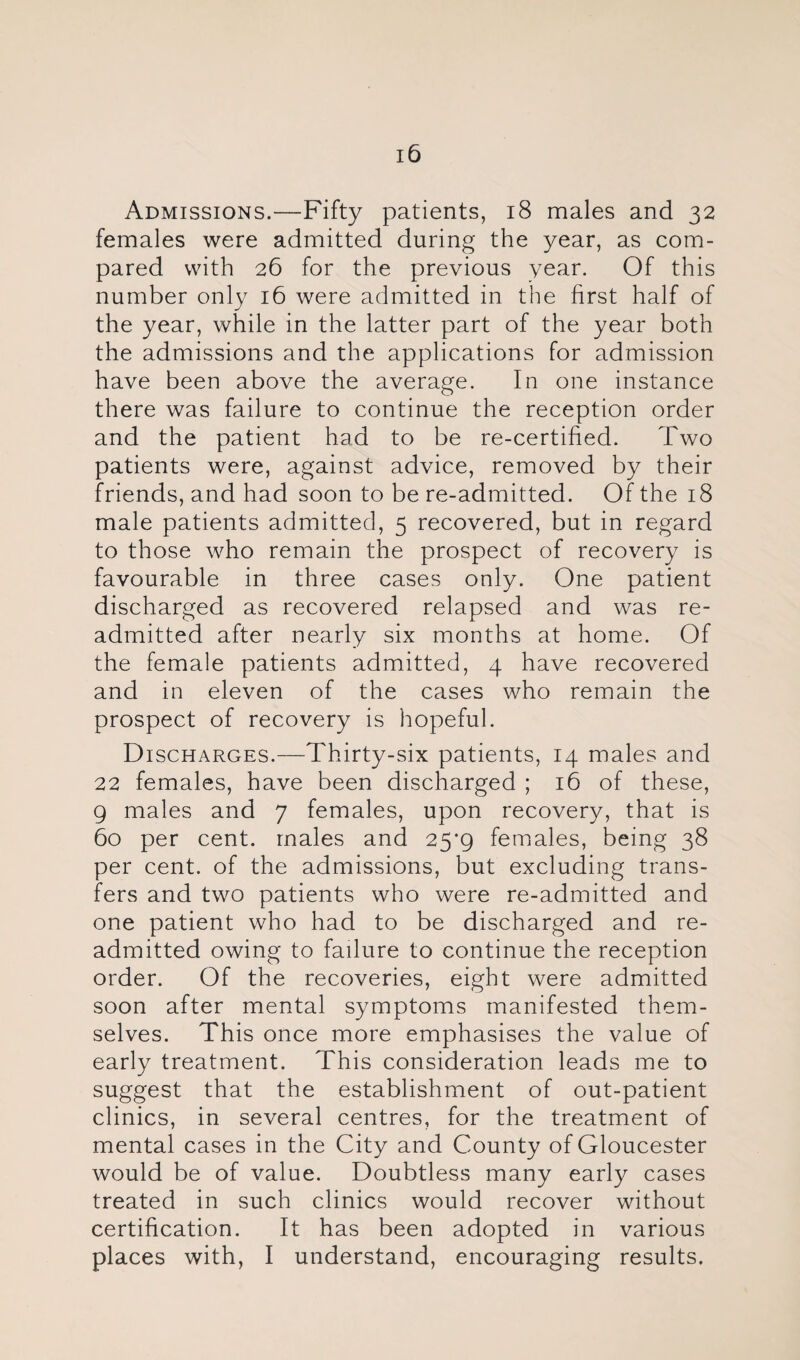 Admissions.—Fifty patients, i8 males and 32 females were admitted during the year, as com¬ pared with 26 for the previous year. Of this number only 16 were admitted in the first half of the year, while in the latter part of the year both the admissions and the applications for admission have been above the average. In one instance there was failure to continue the reception order and the patient had to be re-certified. Two patients were, against advice, removed by their friends, and had soon to be re-admitted. Of the 18 male patients admitted, 5 recovered, but in regard to those who remain the prospect of recovery is favourable in three cases only. One patient discharged as recovered relapsed and was re¬ admitted after nearly six months at home. Of the female patients admitted, 4 have recovered and in eleven of the cases who remain the prospect of recovery is hopeful. D iscHARGES.—Thirty-six patients, 14 males and 22 females, have been discharged ; 16 of these, 9 males and 7 females, upon recovery, that is 60 per cent, males and 25'9 females, being 38 per cent, of the admissions, but excluding trans¬ fers and two patients who were re-admitted and one patient who had to be discharged and re¬ admitted owing to failure to continue the reception order. Of the recoveries, eight were admitted soon after mental symptoms manifested them¬ selves. This once more emphasises the value of early treatment. This consideration leads me to suggest that the establishment of out-patient clinics, in several centres, for the treatment of mental cases in the City and County of Gloucester would be of value. Doubtless many early cases treated in such clinics would recover without certification. It has been adopted in various places with, I understand, encouraging results.
