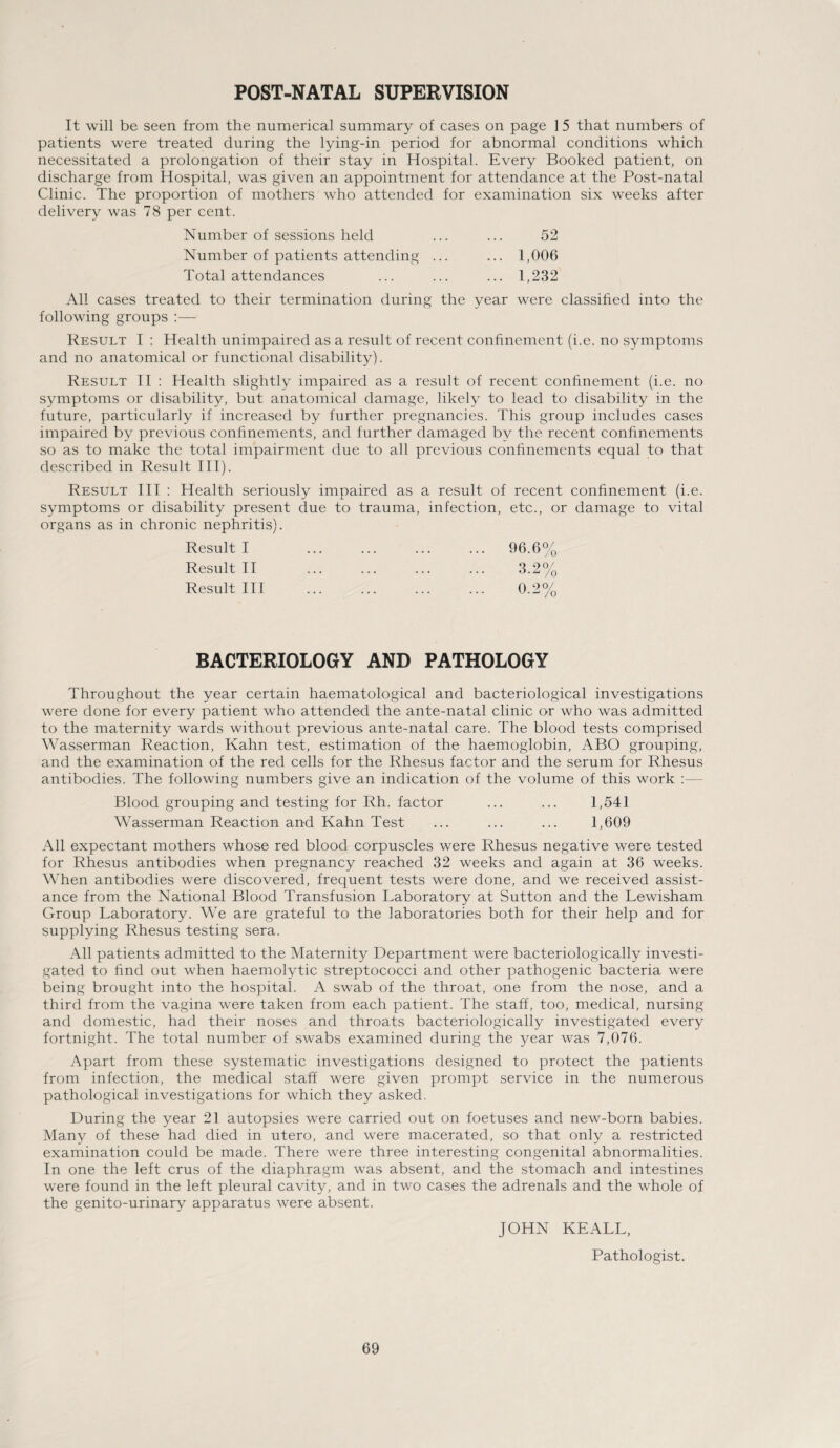 POST-NATAL SUPERVISION It will be seen from the numerical summary of cases on page 15 that numbers of patients were treated during the lying-in period for abnormal conditions which necessitated a prolongation of their stay in Hospital. Every Booked patient, on discharge from Hospital, was given an appointment for attendance at the Post-natal Clinic. The proportion of mothers who attended for examination six weeks after delivery was 78 per cent. Number of sessions held ... ... 52 Number of patients attending ... ... 1,006 Total attendances ... ... ... 1,232 All cases treated to their termination during the year were classified into the following groups :— Result I : Health unimpaired as a result of recent confinement (i.e. no symptoms and no anatomical or functional disability). Result II : Health slightly impaired as a result of recent confinement (i.e. no symptoms or disability, but anatomical damage, likely to lead to disability in the future, particularly if increased by further pregnancies. This group includes cases impaired by previous confinements, and further damaged by the recent confinements so as to make the total impairment due to all previous confinements equal to that described in Result III). Result III : Health seriously impaired as a result of recent confinement (i.e. symptoms or disability present due to trauma, infection, etc., or damage to vital organs as in chronic nephritis). Result I ... ... ... ... 96.6% Result II ... ... ... ... 3.2% Result III ... ... ... ... 0.2% BACTERIOLOGY AND PATHOLOGY Throughout the year certain haematological and bacteriological investigations were done for every patient who attended the ante-natal clinic or who was admitted to the maternity wards without previous ante-natal care. The blood tests comprised Wasserman Reaction, Kahn test, estimation of the haemoglobin, ABO grouping, and the examination of the red cells for the Rhesus factor and the serum for Rhesus antibodies. The following numbers give an indication of the volume of this work Blood grouping and testing for Rh. factor ... ... 1,541 Wasserman Reaction and Kahn Test ... ... ... 1,609 All expectant mothers whose red blood corpuscles were Rhesus negative were tested for Rhesus antibodies when pregnancy reached 32 weeks and again at 36 weeks. When antibodies were discovered, frequent tests were done, and we received assist¬ ance from the National Blood Transfusion Laboratory at Sutton and the Lewisham Group Laboratory. We are grateful to the laboratories both for their help and for supplying Rhesus testing sera. All patients admitted to the Maternity Department were bacteriologically investi¬ gated to find out when haemolytic streptococci and other pathogenic bacteria were being brought into the hospital. A swab of the throat, one from the nose, and a third from the vagina were taken from each patient. The staff, too, medical, nursing and domestic, had their noses and throats bacteriologically investigated every fortnight. The total number of swabs examined during the year was 7,076. Apart from these systematic investigations designed to protect the patients from infection, the medical staff were given prompt service in the numerous pathological investigations for which they asked. During the year 21 autopsies were carried out on foetuses and new-born babies. Many of these had died in utero, and were macerated, so that only a restricted examination could be made. There were three interesting congenital abnormalities. In one the left crus of the diaphragm was absent, and the stomach and intestines were found in the left pleural cavity, and in two cases the adrenals and the whole of the genito-urinary apparatus were absent. JOHN KEALL, Pathologist.