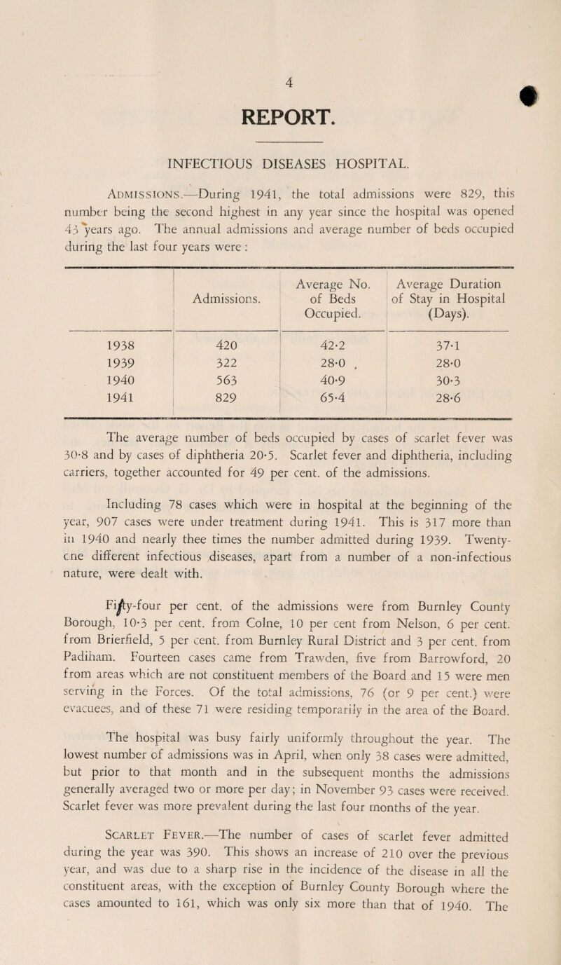 REPORT. INFECTIOUS DISEASES HOSPITAL. Admissions.—During 1941, the total admissions were 829, this number being the second highest in any year since the hospital was opened 43 years ago. The annual admissions and average number of beds occupied during the last four years were: Admissions. Average No. of Beds Occupied. Average Duration of Stay in Hospital (Days). 1938 420 42*2 37-1 1939 322 28-0 . 28-0 1940 563 40-9 30-3 1941 829 65*4 28-6 The average number of beds occupied by cases of scarlet fever was 30-8 and by cases of diphtheria 20-5. Scarlet fever and diphtheria, including carriers, together accounted for 49 per cent, of the admissions. Including 78 cases which were in hospital at the beginning of the year, 907 cases were under treatment during 1941. This is 317 more than in 1940 and nearly thee times the number admitted during 1939. Twenty- one different infectious diseases, apart from a number of a non-infectious nature, were dealt with. Fi/ty-four per cent, of the admissions were from Burnley County Borough, 10-3 per cent, from Colne, 10 per cent from Nelson, 6 per cent, from Brierfield, 5 per cent, from Burnley Rural District and 3 per cent, from Padiham. Fourteen cases came from Trawden, five from Barrowford, 20 from areas which are not constituent members of the Board and 15 were men serving in the Forces. Of the total admissions, 76 (or 9 per cent.) were evacuees, and of these 71 were residing temporarily in the area of the Board. The hospital was busy fairly uniformly throughout the year. The lowest number of admissions was in April, when only 38 cases were admitted, but prior to that month and in the subsequent months the admissions generally averaged two or more per day; in November 93 cases were received. Scarlet fever was more prevalent during the last four months of the year. Scarlet Fever.—The number of cases of scarlet fever admitted during the year was 390. This shows an increase of 210 over the previous year, and was due to a sharp rise in the incidence of the disease in all the constituent areas, with the exception of Burnley County Borough where the cases amounted to 161, which was only six more than that of 1940. The