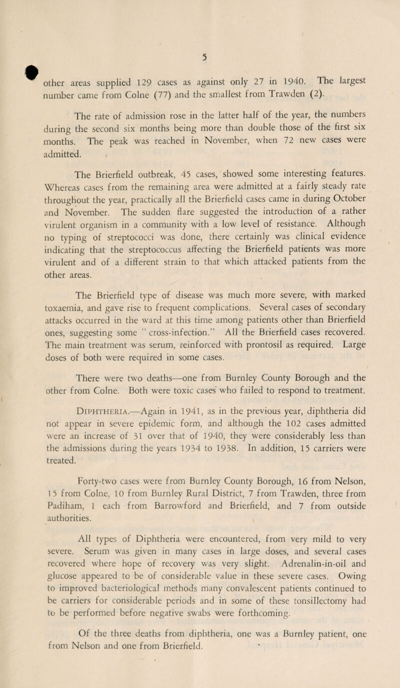 other areas supplied 129 cases as against only 27 in 1940. The largest number came from Colne (77) and the smallest from Trawden (2). The rate of admission rose in the latter half of the year, the numbers during the second six months being more than double those of the first six months. The peak was reached in November, when 72 new cases were admitted. The Brierfield outbreak, 45 cases, showed some interesting features. Whereas cases from the remaining area were admitted at a fairly steady rate throughout the year, practically all the Brierfield cases came in during October and November. The sudden flare suggested the introduction of a rather virulent organism in a community with a low level of resistance. Although no typing of streptococci was done, there certainly was clinical evidence indicating that the streptococcus affecting the Brierfield patients was more virulent and of a different strain to that which attacked patients from the other areas. The Brierfield type of disease was much more severe, with marked toxaemia, and gave rise to frequent complications. Several cases of secondary attacks occurred in the ward at this time among patients other than Brierfield ones, suggesting some  cross-infection.” All the Brierfield cases recovered. The main treatment was serum, reinforced with prontosil as required. Large doses of both were required in some cases. There were two deaths—one from Burnley County Borough and the other from Colne. Both were toxic cases who failed to respond to treatment. Diphtheria.—Again in 1941, as in the previous year, diphtheria did not appear in severe epidemic form, and although the 102 cases admitted were an increase of 31 over that of 1940, they were considerably less than the admissions during the years 1934 to 1938. In addition, 15 carriers were treated. Forty-two cases were from Burnley County Borough, 16 from Nelson, 15 from Colne, 10 from Burnley Rural District, 7 from Trawden, three from Padiham, 1 each from Barrowford and Brierfield, and 7 from outside authorities. All types of Diphtheria were encountered, from very mild to very severe. Serum was given in many cases in large doses, and several cases recovered where hope of recovery was very slight. Adrenalin-in-oil and glucose appeared to be of considerable value in these severe cases. Owing to improved bacteriological methods many convalescent patients continued to be carriers for considerable periods and in some of these tonsillectomy had to be performed before negative swabs were forthcoming. Of the three deaths from diphtheria, one was a Burnley patient, one from Nelson and one from Brierfield.