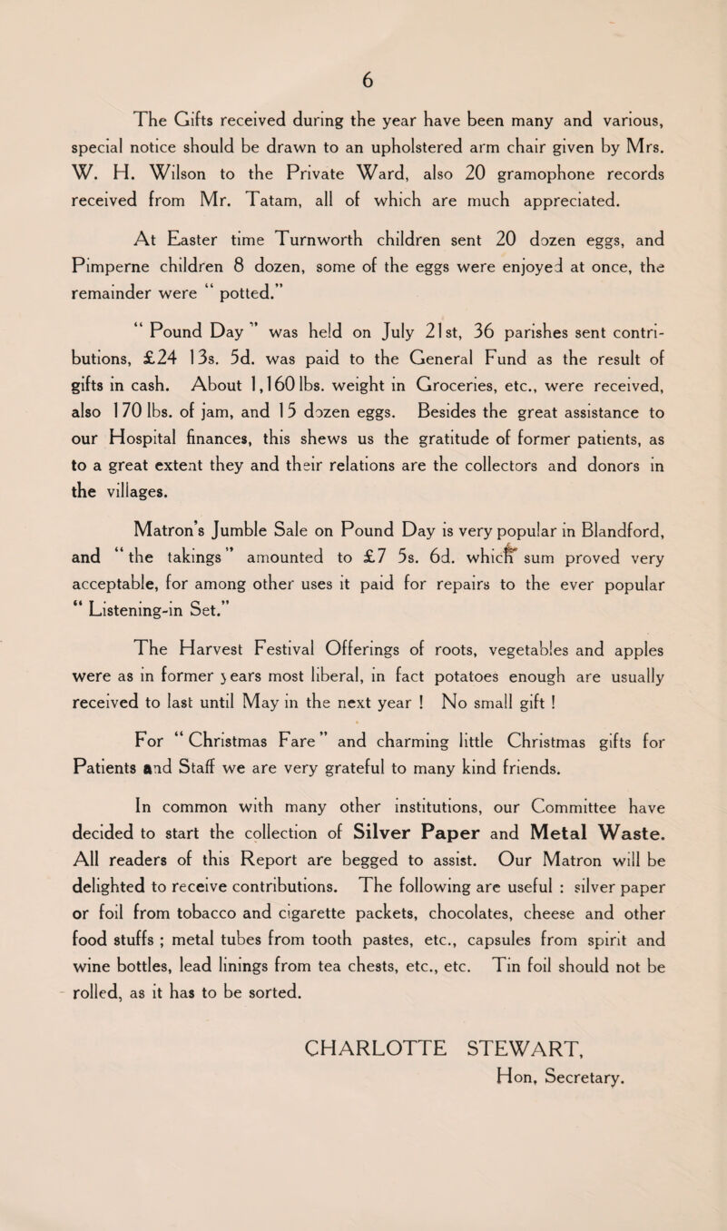 The Gifts received during the year have been many and various, special notice should be drawn to an upholstered arm chair given by Mrs. W. H. Wilson to the Private Ward, also 20 gramophone records received from Mr. Tatam, all of which are much appreciated. At Easter time Turn worth children sent 20 dozen eggs, and Pimperne children 8 dozen, some of the eggs were enjoyed at once, the remainder were “ potted.” “ Pound Day ” was held on July 21st, 36 parishes sent contri¬ butions, £24 13s. 3d. was paid to the General Fund as the result of gifts in cash. About 1,160 lbs. weight in Groceries, etc., were received, also 1 70 lbs. of jam, and 1 5 dozen eggs. Besides the great assistance to our Hospital finances, this shews us the gratitude of former patients, as to a great extent they and their relations are the collectors and donors in the villages. Matron’s Jumble Sale on Pound Day is very popular in Blandford, and “the takings” amounted to £7 3s. 6d. whicfT sum proved very acceptable, for among other uses it paid for repairs to the ever popular “ Listening-in Set.” The Harvest Festival Offerings of roots, vegetables and apples were as in former jears most liberal, in fact potatoes enough are usually received to last until May m the next year ! No small gift ! For “Christmas Fare” and charming little Christmas gifts for Patients and Staff we are very grateful to many kind friends. In common with many other institutions, our Committee have decided to start the collection of Silver Paper and Metal Waste. All readers of this Report are begged to assist. Our Matron will be delighted to receive contributions. The following are useful : silver paper or foil from tobacco and cigarette packets, chocolates, cheese and other food stuffs ; metal tubes from tooth pastes, etc., capsules from spirit and wine bottles, lead linings from tea chests, etc., etc. Tin foil should not be rolled, as it has to be sorted. CHARLOTTE STEWART, Hon, Secretary.