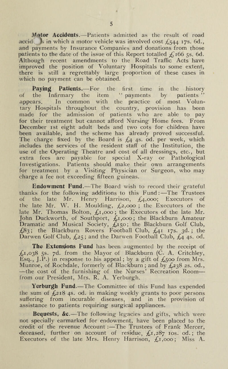 Motor Accidents.—Patients admitted as the result of road accid Is in which a motor vehicle was involved cost £544 17s. 6d., and payments by Insurance Companies and donations from those patients to the date of the issue of this Report totalled ;£i66 5s. 6d. Although recent amendments to the Road Traffic Acts have improved the position of Voluntary Hospitals to some extent, there is still a regrettably large proportion of these cases in which no payment can be obtained. Paying Patients.—For the first time in the history of the Infirmary the item “ payments by patients ” appears. In common with the practice of most Volun¬ tary Hospitals throughout the country, provision has been made for the admission of patients who are able to pay for their treatment but cannot afford Nursing Home fees. From December 1st eight adult beds and two cots for children have been available, and the scheme has already proved successful. The charge fixed by the Board is £4 4s. od. per week, which includes the services of the resident staff of the Institution, the use of the Operating Theatre and cost of all dressings, etc., but extra fees are payable for special X-ray or Pathological Investigations. Patients should make their own arrangements for treatment by a Visiting Physician or Surgeon, who may charge a fee not exceeding fifteen guineas. Endowment Fund.—The Board wish to record their grateful thanks for the following* additions to this Fund:—The Trustees of the late Mr. Henry Harrison, £4,000; Executors of the late Mr. W. H. Moulding, £2,000 ; the Executors of the late Mr. Thomas Bolton, £1,000; the Executors of the late Mr. John Duckworth, of Southport, £1,000; the Blackburn Amateur Dramatic and Musical Society, £150; the Blackburn Golf Club, £83; the Blackburn Rovers Football Club, £41 17s. 3d.; the Darwen Golf Club, £25; and the Darwen Football Club, £4 4s. od. The Extensions Fund has been augmented by the receipt of ,£1,038 5s. 7d. from the Mayor of Blackburn (C. A. Critchley, Esq., J.P.) in response to his appeal; by a gift of £500' from Mrs. Munroe, of Rochdale, formerly of Blackburn; and by £238 2s. od., —the cost of the furnishing of the Nurses’ Recreation Room— from our President, Mrs. R. A. Yerburgh. Yerburgh Fund.—The Committee of this Fund has expended the sum of ,£218 4s. od. in making wTeekly grants to poor persons suffering from incurable diseases, and in the provision of assistance to patients requiring surgical appliances. Bequests, &c.—The following legacies and gifts, which were not specially earmarked for endowment, have been placed to the credit of the revenue Account :—The Trustees of Frank Mercer, deceased, further on account of residue, £1,287 IOS* °d.; the Executors of the late Mrs. Henry Harrison, £1,000; Miss A.