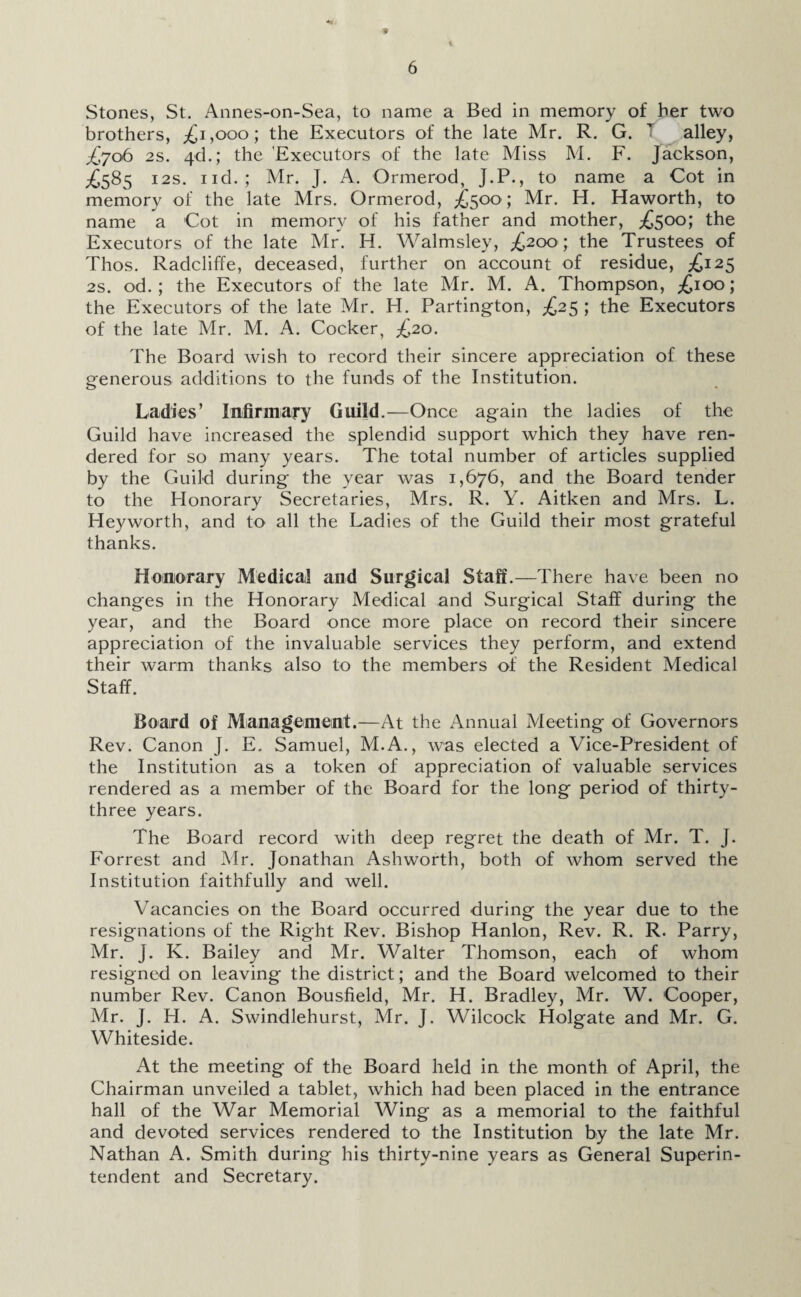 f Stones, St. Annes-on-Sea, to name a Bed in memory of her two brothers, ^i,ooo; the Executors of the late Mr. R. G. T alley, £706 2s. 4d.; the Executors of the late Miss M. F. Jackson, ^585 12s. nd. ; Mr. J. A. Ormerod, J.P., to name a Cot in memory of the late Mrs. Ormerod, £500 ; Mr. H. Haworth, to name a Cot in memory of his father and mother, £500; the Executors of the late Mr. H. Walmsley, £200 ; the Trustees of Thos. Radcliffe, deceased, further on account of residue, ^125 2s. od. ; the Executors of the late Mr. M. A. Thompson, ^100; the Executors of the late Mr. H. Partington, ^25 ; the Executors of the late Mr. M. A. Cocker, £20. The Board wish to record their sincere appreciation of these generous additions to the funds of the Institution. Ladies’ Infirmary Guild.—Once again the ladies of the Guild have increased the splendid support which they have ren¬ dered for so many years. The total number of articles supplied by the Guild during the year was 1,676, and the Board tender to the Honorary Secretaries, Mrs. R. Y. Aitken and Mrs. L. Heyworth, and to all the Ladies of the Guild their most grateful thanks. Honorary Medical and Surgical Staff.—There have been no changes in the Honorary Medical and Surgical Staff during the year, and the Board once more place on record their sincere appreciation of the invaluable services they perform, and extend their warm thanks also to the members of the Resident Medical Staff. Board of Management.—At the Annual Meeting of Governors Rev. Canon J. E. Samuel, M.A., was elected a Vice-President of the Institution as a token of appreciation of valuable services rendered as a member of the Board for the long period of thirty- three years. The Board record with deep regret the death of Mr. T. J. Forrest and Mr. Jonathan Ashworth, both of whom served the Institution faithfully and well. Vacancies on the Board occurred during the year due to the resignations of the Right Rev. Bishop Hanlon, Rev. R. R. Parry, Mr. J. K. Bailey and Mr. Walter Thomson, each of whom resigned on leaving the district; and the Board welcomed to their number Rev. Canon Bous-field, Mr. H. Bradley, Mr. W. Cooper, Mr. J. H. A. Swindlehurst, Mr. J. Wilcock Holgate and Mr. G. Whiteside. At the meeting of the Board held in the month of April, the Chairman unveiled a tablet, which had been placed in the entrance hall of the War Memorial Wing as a memorial to the faithful and devoted services rendered to the Institution by the late Mr. Nathan A. Smith during his thirty-nine years as General Superin¬ tendent and Secretary.