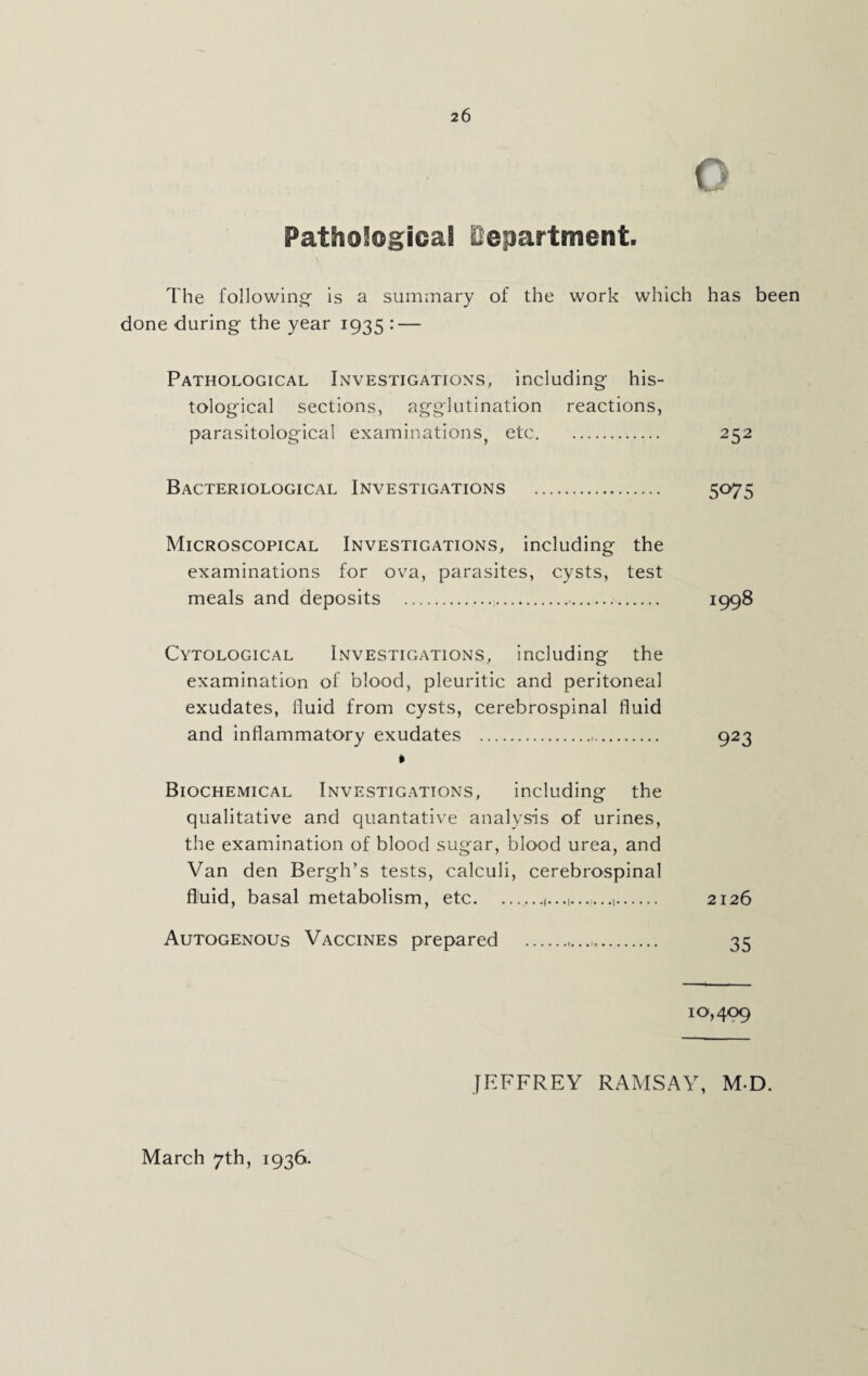 O Pathological Department. The following- is a summary of the work which has been done during the year 1935 : — Pathological Investigations, including his¬ tological sections, agglutination reactions, parasitological examinations, etc. 252 Bacteriological Investigations . 5°75 Microscopical Investigations, including the examinations for ova, parasites, cysts, test meals and deposits ..... 1998 Cytological Investigations, including the examination of blood, pleuritic and peritoneal exudates, fluid from cysts, cerebrospinal fluid and inflammatory exudates . 923 * Biochemical Investigations, including the qualitative and quantative analysis of urines, the examination of blood sugar, blood urea, and Van den Bergh’s tests, calculi, cerebrospinal fluid, basal metabolism, etc. ..........._ 2126 Autogenous Vaccines prepared . 35 10,409 JEFFREY RAMSAY, MD.