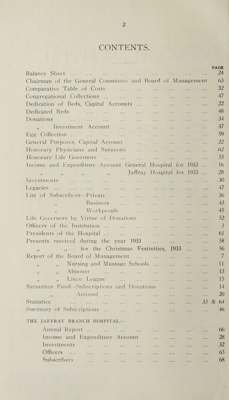 CONTENTS. PAGE Balance Sheet. . 24 Chairman of the General Committee a'ini Board of Management 63 Comparative Table of Costs ... ... ... ... ... ... 32 Congregational Collections ... ... ... ... ... ... ... 47 Dedication of Beds, Capital Accounts. . 22 Dedicated Beds ... ... ... ... ... ... ... ... 48 Donations . ... 34 „ Investment Account ... ... ... ... ... ... 47 Egg Collection ... ... ... ... ... ... ... ... ... 59 General Purposes, Capital Account ... ... ... ... ... 22 Honorary Physicians and Surgeons ... ... ... ... ... 62 Honorary Life Governors ... ... ... ... ... ... ... 55 Income and Expenditure Account General Hospital for 1933 ... 16 ,, ,, ,, „ Jaffray Hospital for 1933 ... 28 Investments ... ... ... ... ... ... ... ... ... 30 Legacies. . ... ... 47 List of Subscribers—Private ... ... ... ... ... ... 36 ,, Business ... ... ... ... ... ... 43 ,, Workpeople ... ... ... ... ... 45 Life Governors by Virtue of Donations ... ... ... ... 52 Officers of the Institution ... ... ... ... ... ... ... 3 Presidents of the Hospital ... ... ... ... ... ... ... 61 Presents received during the year 1933 ... ... ... ... 58 ,, ,, for the Christmas Festivities, 1933 . 56 Report of the Board of Management ... ... ... ... ... 7 „ ,, Nursing and Massage Schools. ... 11 ,, ,, Almoner ... ... ... ... ... ... ... 13 „ ,, Linen League ... ... ... ... ... ... 15 Samaritan Fund-—Subscriptions and Donations ... ... ... 14 ,. Account ... ... ... ... ... ... ... 20 Statistics ... ... ... ... ... ... ... ... 33 & 64 Summary of Subscriptions ... ... ... ... ... ... ... 46 THE JAFFRAY BRANCH HOSPITAL:— Annual Report ... ... ... ... ... ... ... ... 66 Income and Expenditure Account ... ... ... ... 28 Investments ... ... ... ... ... ... ... ... 32 Officers ... ... ... ... ... ... ... ... ... 65 Subscribers ... ... ... ... ... ... ... ... 68