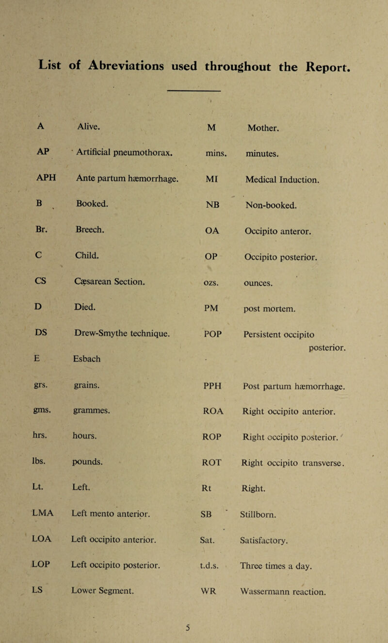 List of Abreviations used throughout the Report. i A Alive. M Mother. AP ' Artificial pneumothorax. mins. minutes. APH Ante partum haemorrhage. MI Medical Induction. B Booked. NB Non-booked. Br. Breech. OA Occipito anteror. C Child. OP Occipito posterior. CS Caesarean Section. ozs. ounces. D Died. PM post mortem. DS Drew-Smythe technique. POP Persistent occipito posterior. E Esbach • grs. grains. PPH Post partum haemorrhage. gms. grammes. ROA Right occipito anterior. hrs. hours. ROP Right occipito posterior. lbs. pounds. ROT Right occipito transverse. Lt. Left. Rt Right. LMA Left mento anterior. » SB Stillborn. LOA Left occipito anterior. Sat. Satisfactory. LOP Left occipito posterior. t.d.s. Three times a day. LS Lower Segment. WR Wassermann reaction.