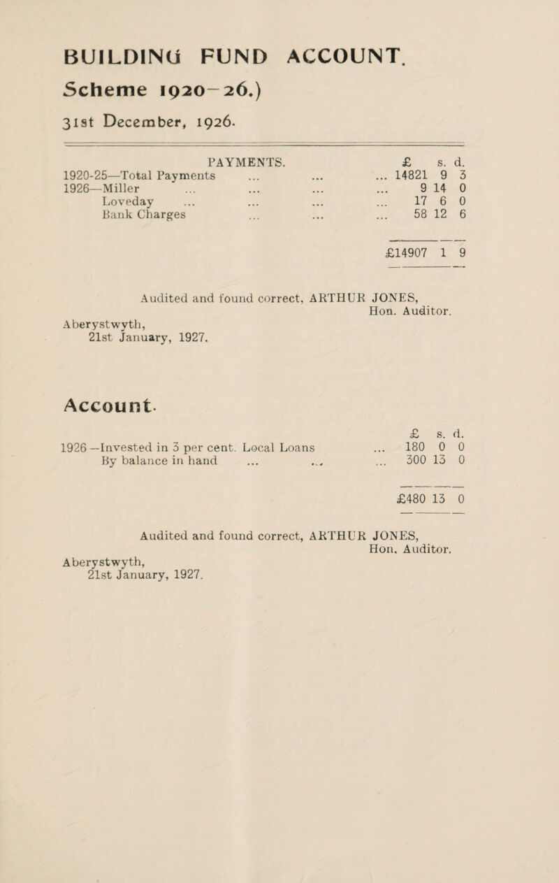 BUILDING FUND ACCOUNT Scheme 1920-26.) 31st December, 1926. PAYMENTS. £ s. d. 1920-25—Total Payments • • • ... 14821 9 3 1926—Miller • • • 9 14 0 Loveday • • • 17 6 0 Bank Charges . • . 58 12 6 £14907 1 9 Audited and found correct, ARTHUR JONES, Hon. Auditor. Aberystwyth, 21st January, 1927. Account £ s. d. 1926 —Invested in 3 per cent. Local Loans ... 180 0 0 By balance in hand ... 300 13 0 £480 13 0 Audited and found correct, ARTHUR JONES, Hon, Auditor. Aberystwyth,