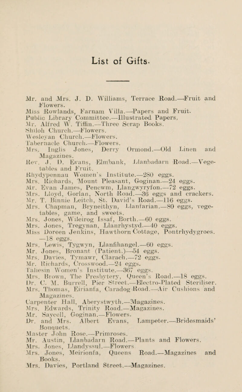 List of Gifts- Mr. and Mrs. J. D. Williams, Terrace Road.—.Fruit and Flowers. Miss Rowlands, Farnam Villa.—-Papers and Fruit. Public Library Committee.—Illustrated Papers. .Mr. Alfred \Y. Tiffin.—Three Scrap Books. Shiloh Church.—Flowers. \\ eslevan Church.—Flowers. Tabernacle Church.—Flowers. Mrs, Inglis Jones, Derry Ormond.—Old Linen and Magazines. Rev. .). 1). Evans, Elm'bank, Llanbadarn Road.—Vege¬ tables and Fruit. Rhydypennau Women’s Institute.—280 eggs. Mrs. Richards, Mount Pleasant, Goginan—24 eggs. Mr. Evan James, Pencwm, Llangwyryfon.—72 eggs. Mrs. Lloyd, Gorlan, North Road.—36 eggs and crackers. Mr. T. Binnie Leitch, St. David’s Road.—116 eggs. Mrs. Chapman, Bryneithyn, Llanfarian.—80 eggs, vege¬ tables, game, and sweets. Mi •s. .Jones, Wileirog Issaf, B'orth.—60 eggs. Mrs. Jones, Tregynan, Llanrhystyd.—40 eggs. Miss Doreen Jenkins, Hawthorn Cottage, Pontrhvdygroes. —18 eggs. Mrs. Lewis, Tvgwyn, Llanfihangel.—60 eggs. Mr. Jones, Bronant (Patient.)—54 eggs. Mrs. Davies, Tvmawr, Claraeh.—72 eggs. Mr. Richards, Crosswood.—24 eggs. I’aliesin Women’s Institute.—367 eggs. Mrs. Brown, The Presbytery, Queen’s Road.—18 eggs. Dr. C. M. Burrell, Pier Street.—Electro-Plated Steriliser. Mrs. Thomas, Eirianfa, Caradog Road.—Air Cushions and M .agazines. Carpenter Hall, Aberystwyth.—Magazines. Mrs. Edwards, Trinity Road.—Magazines. Mr. Saycell, Goginan.—Flowers. Dr. and Mrs. Albert Evans, Lampeter.—Bridesmaids’ Bouquets. Master John Rose.—Primroses. Mr. Austin, Llanbadarn Road.—Plants and Flowers. Mrs. Jones, Llandyssul.—Flowers Mrs. Jones, Meirionfa, Queens Road.—Magazines and Books. Mrs. Davies, Portland Street.—Magazines.