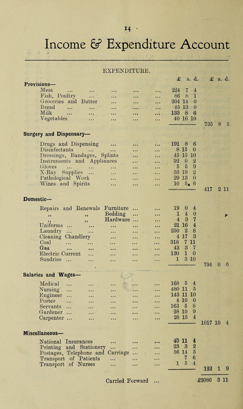 Income 6? Expenditure Account EXPENDITURE. Provisions— Meat Fish, Poultry Groceries and Bread Milk Vegetables Butter Surgery and Dispensary— Drugs and Dispensing Disinfectants Dressings, Bandages, Splints Instruments and Appliances Gloves X-Ray Supplies ... Pathological Work Wines and Spirits Domestic— Repairs and Renewals Furniture ,, ,, Bedding ,, ,, Hardware Uniforms ... Laundry' ... Cleaning Chandlery Coal Gas ... ... ... Electric Current Sundries ... Salaries and Wages— Medical Nursing Engineer ... Porter Servants ... Gardener ... Carpenter ... Miscellaneous— National Insurances Printing and Stationery ... Postages, Telephone and Carriage ... Transport of Patients Transport of Nurses £ s. d. £ s. d. 224 7 4 86 8 1 204 14 0 45 13 8 133 8 6 40 16 10 191 8 6 8 15 0 45 15 10 92 0 2 5 5 9 33 19 2 29 13 0 10 5c 6 19 0 4 1 4 0 4 3 7 21 16 4 250 2 8 4 17 3 318 7 11 43 3 7 130 1 0 1 3 10 168 5 4 480 11 5 143 11 10 4 10 0 163 5 8 28 10 9 28 15 4 40 11 4 23 3 2 56 14 5 7 6 1 5 4 735 8 5 417 2 11 794 0 6 1017 10 4 122 1 9