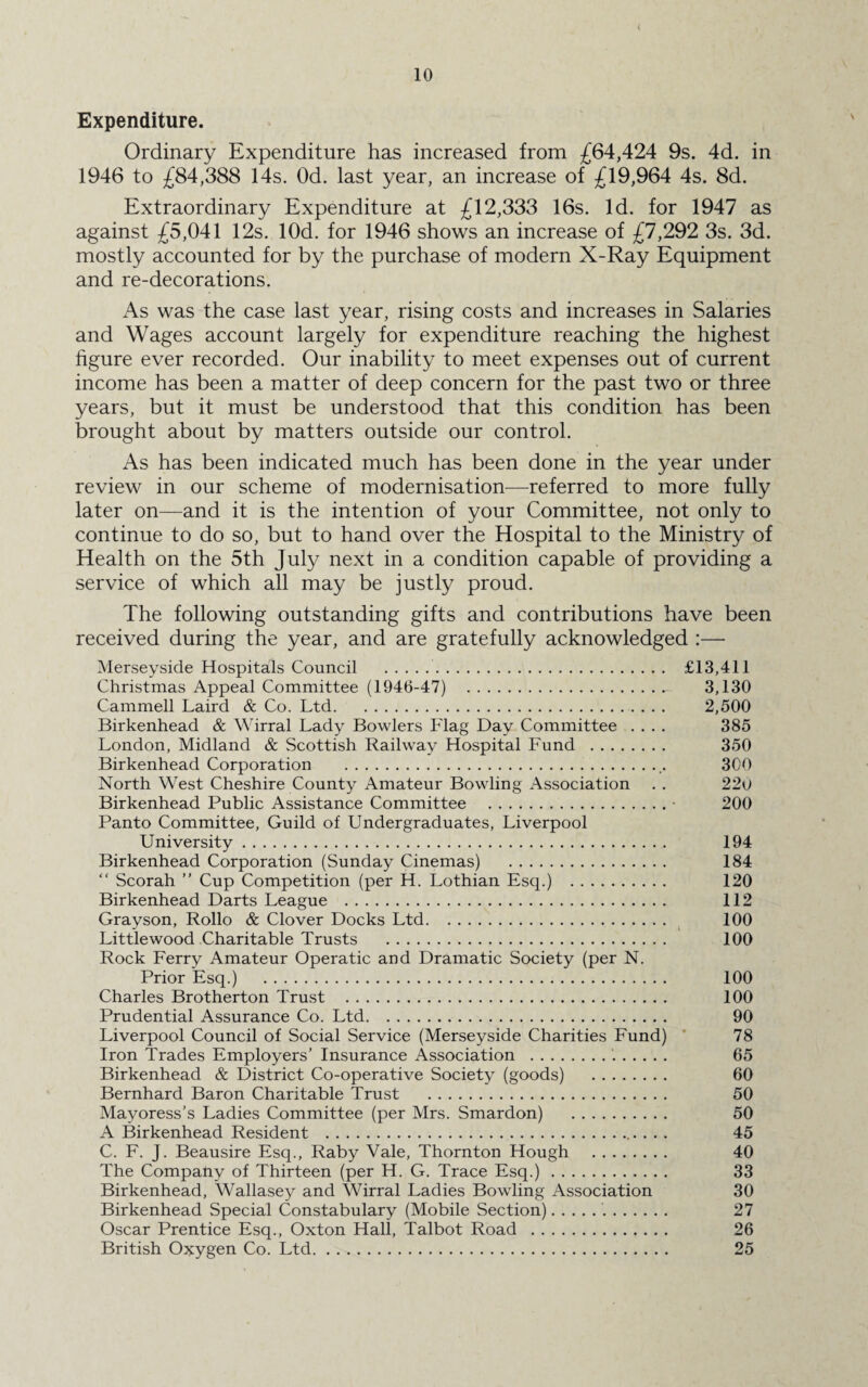 Expenditure. Ordinary Expenditure has increased from £64,424 9s. 4d. in 1946 to £84,388 14s. Od. last year, an increase of £19,964 4s. 8d. Extraordinary Expenditure at £12,333 16s. Id. for 1947 as against £5,041 12s. lOd. for 1946 shows an increase of £7,292 3s. 3d. mostly accounted for by the purchase of modern X-Ray Equipment and re-decorations. As was the case last year, rising costs and increases in Salaries and Wages account largely for expenditure reaching the highest figure ever recorded. Our inability to meet expenses out of current income has been a matter of deep concern for the past two or three years, but it must be understood that this condition has been brought about by matters outside our control. As has been indicated much has been done in the year under review in our scheme of modernisation—referred to more fully later on—and it is the intention of your Committee, not only to continue to do so, but to hand over the Hospital to the Ministry of Health on the 5th July next in a condition capable of providing a service of which all may be justly proud. The following outstanding gifts and contributions have been received during the year, and are gratefully acknowledged :—• Merseyside Hospitals Council .. £13,411 Christmas Appeal Committee (1946-47) .. 3,130 Cammell Laird & Co. Ltd. 2,500 Birkenhead & Wirral Lady Bowlers Flag Day Committee .... 385 London, Midland & Scottish Railway Hospital Fund . 350 Birkenhead Corporation ...,. 300 North West Cheshire County Amateur Bowling Association . . 220 Birkenhead Public Assistance Committee .• 200 Panto Committee, Guild of Undergraduates, Liverpool University. 194 Birkenhead Corporation (Sunday Cinemas) . 184 “ Scorah ” Cup Competition (per H. Lothian Esq.) . 120 Birkenhead Darts League . 112 Grayson, Rollo & Clover Docks Ltd. 100 Little wood Charitable Trusts . 100 Rock Ferry Amateur Operatic and Dramatic Society (per N. Prior Esq.) . 100 Charles Brotherton Trust . 100 Prudential Assurance Co. Ltd. 90 Liverpool Council of Social Service (Merseyside Charities Fund) 78 Iron Trades Employers’ Insurance Association .'.. 65 Birkenhead & District Co-operative Society (goods) . 60 Bernhard Baron Charitable Trust . 50 Mayoress’s Ladies Committee (per Mrs. Smardon) . 50 A Birkenhead Resident ... . . . 45 C. F. J. Beausire Esq., Raby Vale, Thornton Hough . 40 The Company of Thirteen (per H. G. Trace Esq.). 33 Birkenhead, Wallasey and Wirral Ladies Bowling Association 30 Birkenhead Special Constabulary (Mobile Section)... 27 Oscar Prentice Esq., Oxton Hall, Talbot Road . 26 British Oxygen Co. Ltd. . .. 25
