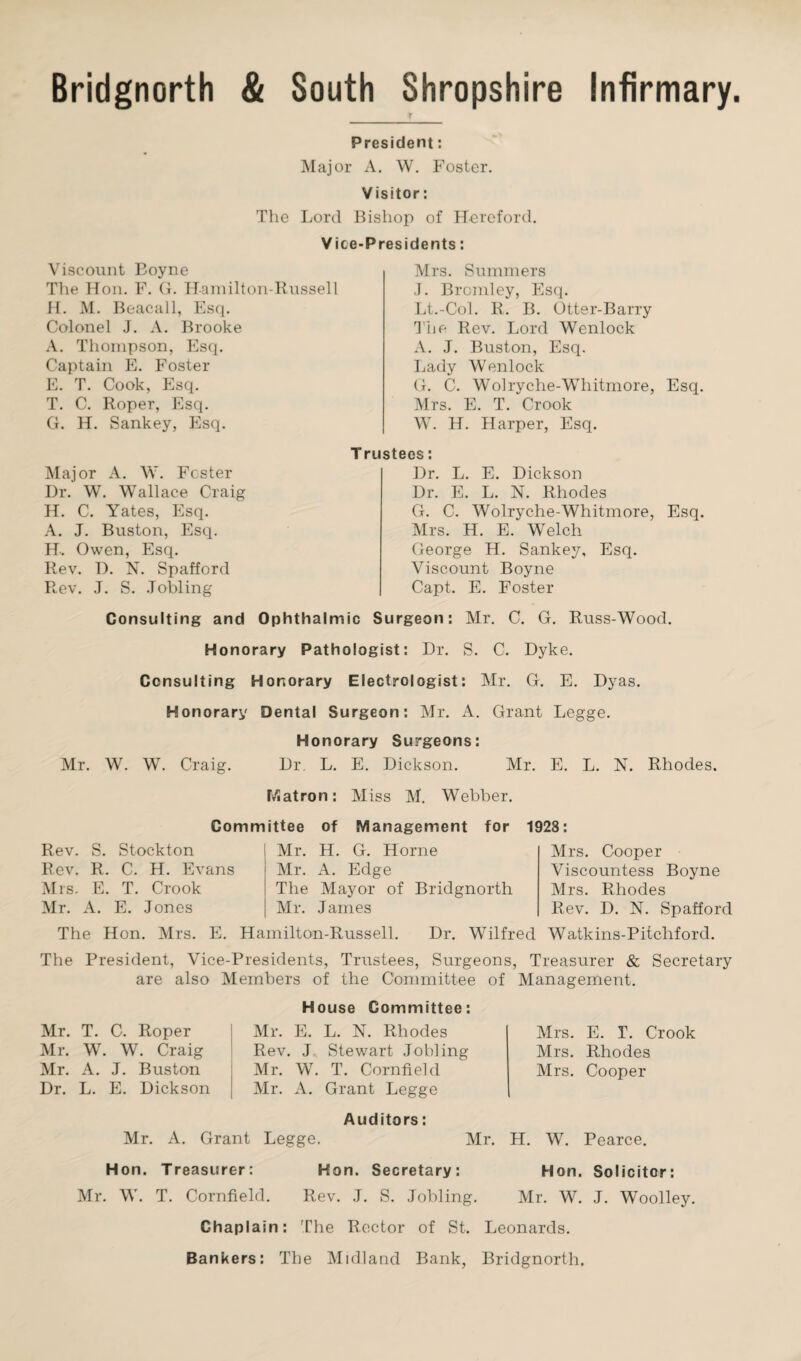 Bridgnorth & South Shropshire Infirmary. President; Major A. W. Foster. Visitor: The Lord Bishop of Hereford. Vice-Presidents: Viscount Boyne The Hon. F. (i. Hainilton-Russell H. M. Beacall, Esq. Colonel J. A. Brooke .\. Thompson, Esq. Captain E. Foster E. T. Cook, Esq. T. C. Roper, Esq. G. H. Sankey, Esq. Mrs. Summers J. Bromley, Esq. Lt.-Col. R. B. Otter-Barry The Rev. Lord Wenlock A. J. Buston, Esq. Lady Wenlock G. C. Wolryche-Whitmore, Esq. Mrs. E. T. Crook W. H. Harper, Esq. Major A. W. Fester Hr. W. Wallace Craig H. C. Yates, Esq. J. Buston, Esq. H. Owen, Esq. Rev. 1). N. Spafford Rev. J. S. .Tobling T rustees; Dr. L. E. Dickson Dr. E. L. N. Rhodes G. C. Wolryche-Whitmore, Esq. Mrs. H. E. Welch George H. Sankey, Esq. Viscount Boyne Capt. E. Foster Consulting and Ophthalmic Surgeon: Mr. C. G. Russ-Wood. Honorary Pathologist: Dr. S. C. Dyke. Consulting Honorary Electrologist: Mr. G. E. Dyas. Honorary Dental Surgeon: Mr. A. Grant Legge. Honorary Surgeons: Mr. W. W. Craig. Dr. L. E. Dickson. Mr. E. L. N. Rhodes. Matron: Miss M. Webber. Committee of Management for 1928: Rev. S. Stockton Rev. R. C. H. Evans Mrs. E. T. Crook Mr. A. E. Jones Mr. H. G. Horne Mr. A. Edge The Mayor of Bridgnorth Mr. Janies Mrs. Cooper Viscountess Boyne Mrs. Rhodes Rev. D. N. Spafford The Hon. Mrs. E. Hamilton-Russell. Dr. Wilfred Watkins-Pitchford. The President, Vice-Presidents, Trustees, Surgeons, Treasurer & Secretary are also Members of the Committee of Management. Mr. T. C. Roper Mr. W. W. Craig Mr. A. J. Buston Dr. L. E. Dickson House Committee: Mr. E. L. N. Rhodes Rev. J. Stewart Jobling Mr. W. T. Cornfield Mr. A. Grant Legge Mrs. E. r. Crook Mrs. Rhodes Mrs. Cooper Auditors: Mr. A. Grant Legge. Mr. H. W. Pearce. Hon. Treasurer: Hon. Secretary: Hon. Solicitor: Mr. W. T. Cornfield. Rev. J. S. Jobling. Mr. W. J. W’oolley. Chaplain: The Rector of St. Leonards. Bankers: The Midland Bank, Bridgnorth.