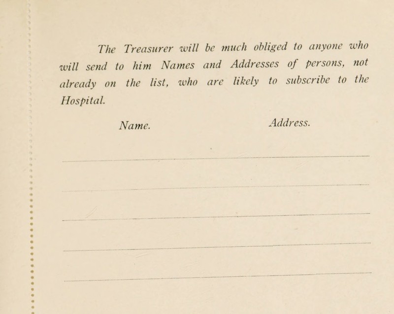 will send to him Names and Addresses of persons, not already on the list, who are likely to subscribe to the Hospital Name. Address.