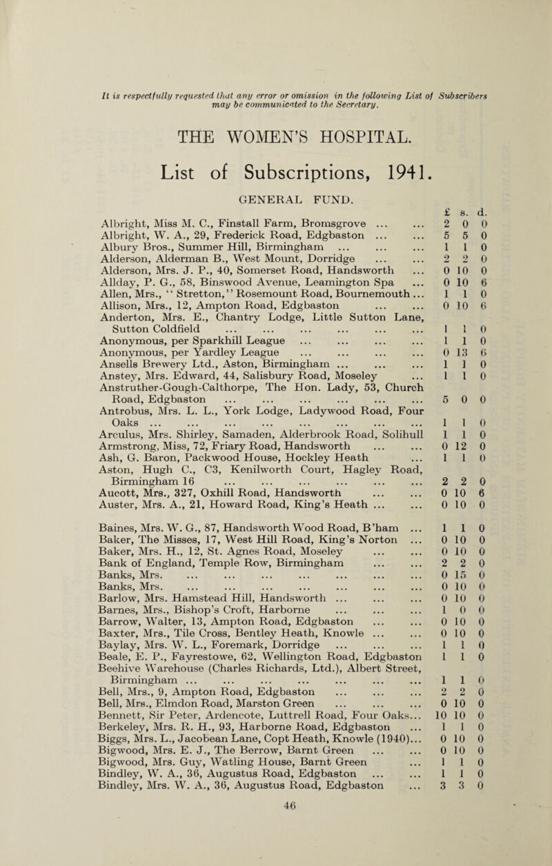 It is respectfully requested that any error or omission in the following List of Subscribers may be communicated to the Secretary. THE WOMEN’S HOSPITAL. List of Subscriptions, 1941. GENERAL FUND. Albright, Miss M. C., Finstall Farm, Bromsgrove ... Albright, W. A., 29, Frederick Road, Edgbaston ... Albury Bros., Summer Hill, Birmingham Alderson, Alderman B., West Mount, Dorridge Alderson, Mrs. J. P., 40, Somerset Road, Handsworth Allday, P. G., 58, Binswood Avenue, Leamington Spa Allen, Mrs., “ Stretton,” Rosemount Road, Bournemouth ... Allison, Mrs., 12, Ampton Road, Edgbaston Anderton, Mrs. E., Chantry Lodge, Little Sutton Lane, Sutton Coldfield Anonymous, per Sparkhill League Anonymous, per Yardley League Ansells Brewery Ltd., Aston, Birmingham ... Anstey, Mrs. Edward, 44, Salisbury Road, Moseley Anstruther-Gough-Calthorpe, The Hon. Lady, 53, Church Road, Edgbaston Antrobus, Mrs. L. L., York Lodge, Ladywood Road, Four (lolrc v/c*i\o ••• ••• ••• ••• ••• ••• ••• ••• Arculus, Mrs. Shirley, Samaden, Alderbrook Road, Solihull Armstrong, Miss, 72, Friary Road, Handsworth Ash, G. Baron, Packwood House, Hockley Heath Aston, Hugh C., C3, Kenilworth Court, Hagley Road, Birmingham 16 Aucott, Mrs., 327, Oxhill Road, Handsworth Auster, Mrs. A., 21, Howard Road, King’s Heath ... £ s. d. 2 0 0 5 5 0 1 l 0 2 2 0 0 10 0 0 10 6 1 1 0 0 10 6 I l 0 1 1 0 0 13 6 1 1 0 1 1 0 5 0 0 1 1 0 1 1 0 0 12 0 1 1 0 2 2 0 0 10 6 0 10 0 Baines, Mrs. W. G., 87, Handsworth Wood Road, B’ham ... Baker, The Misses, 17, West Hill Road, King’s Norton Baker, Mrs. H., 12, St. Agnes Road, Moseley Bank of England, Temple Row, Birmingham Banks, Mrs. Banks, Mrs. Barlow, Mrs. Hamstead Hill, Handsworth ... Barnes, Mrs., Bishop’s Croft, Harborne Barrow, Walter, 13, Ampton Road, Edgbaston Baxter, Mrs., Tile Cross, Bentley Heath, Knowle ... Baylay, Mrs. W. L., Foremark, Dorridge Beale, E. P., Favrestowe, 62, Wellington Road, Edgbaston Beehive Warehouse (Charles Richards, Ltd.), Albert Street, Birmingham ... Bell, Mrs., 9, Ampton Road, Edgbaston Bell, Mrs., Elmdon Road, Marston Green Bennett, Sir Peter, Ardencote, Luttrell Road, Four Oaks... Berkeley, Mrs. R. H., 93, Harborne Road, Edgbaston Biggs, Mrs. L., Jacobean Lane, Copt Heath, Knowle (1940)... Bigwood, Mrs. E. J., The Borrow, Barnt Green Bigwood, Mrs. Guy, Watling House, Barnt Green Bindley, W. A., 36, Augustus Road, Edgbaston Bindley, Mrs. W. A., 36, Augustus Road, Edgbaston 1 1 0 0 10 0 0 10 0 2 2 0 0 15 0 0 10 0 0 10 0 1 0 0 0 10 0 0 10 0 1 1 0 1 1 0 1 1 0 2 2 0 0 10 0 10 10 0 1 1 0 0 10 0 0 10 0 1 1 0 1 1 0 3 3 0